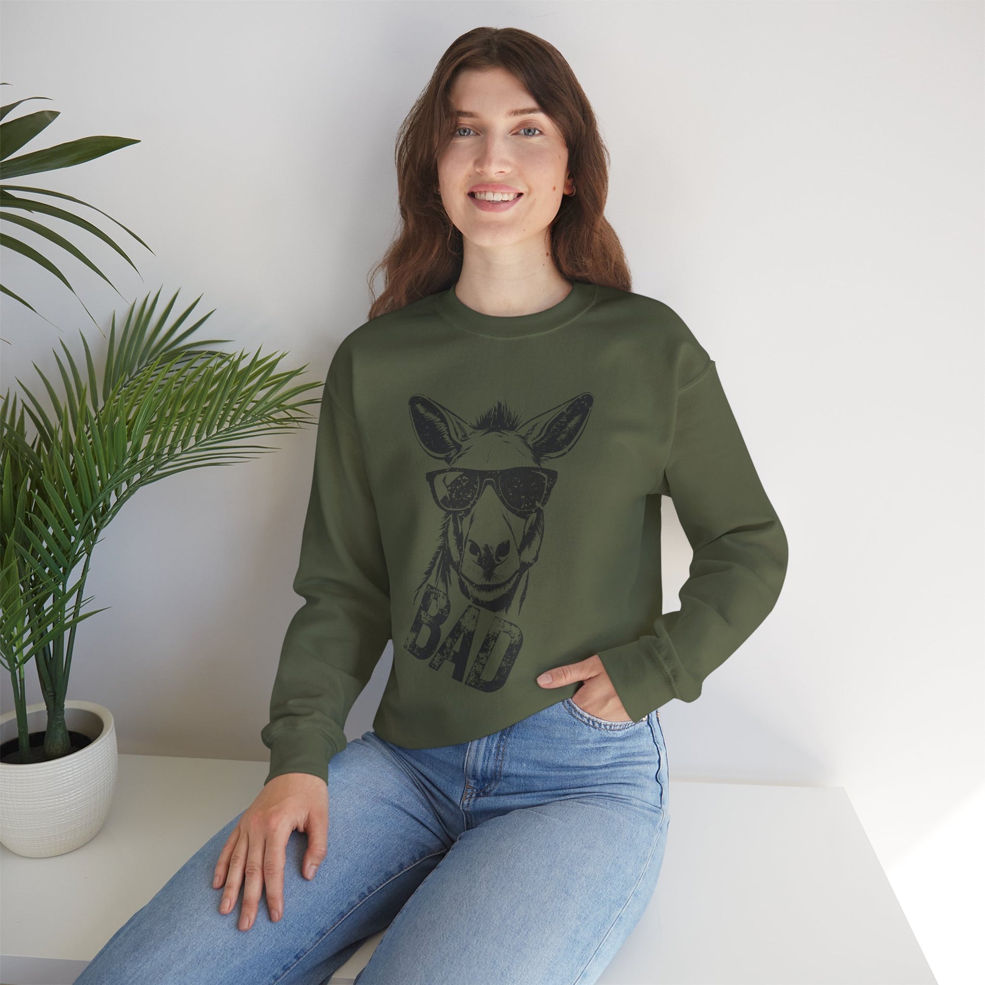 Bad Donkey Sweatshirt Myfiercespirit Woman Model Military Green