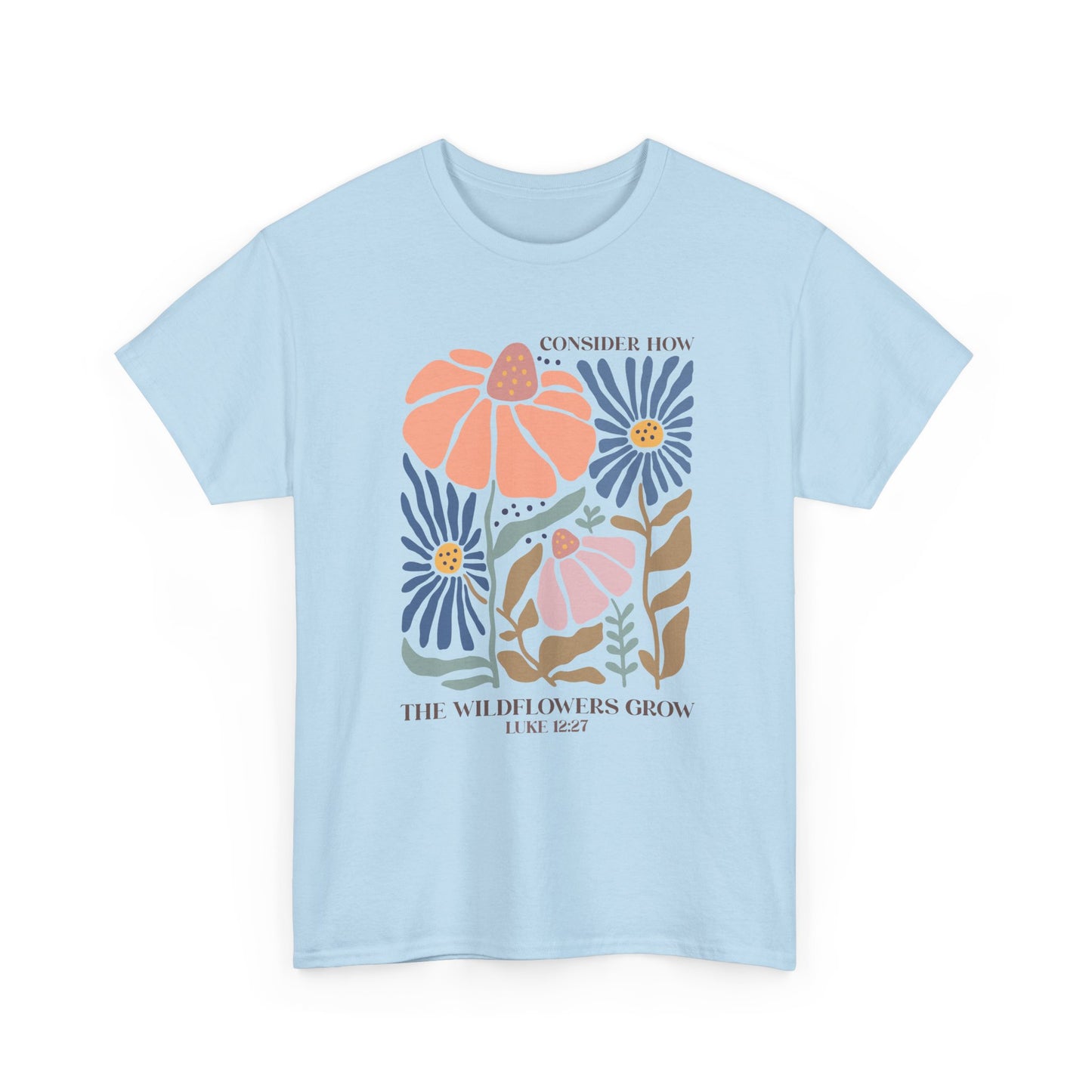 Boho Floral Luke 12:27 T-shirt Myfiercespirit Front Light Blue