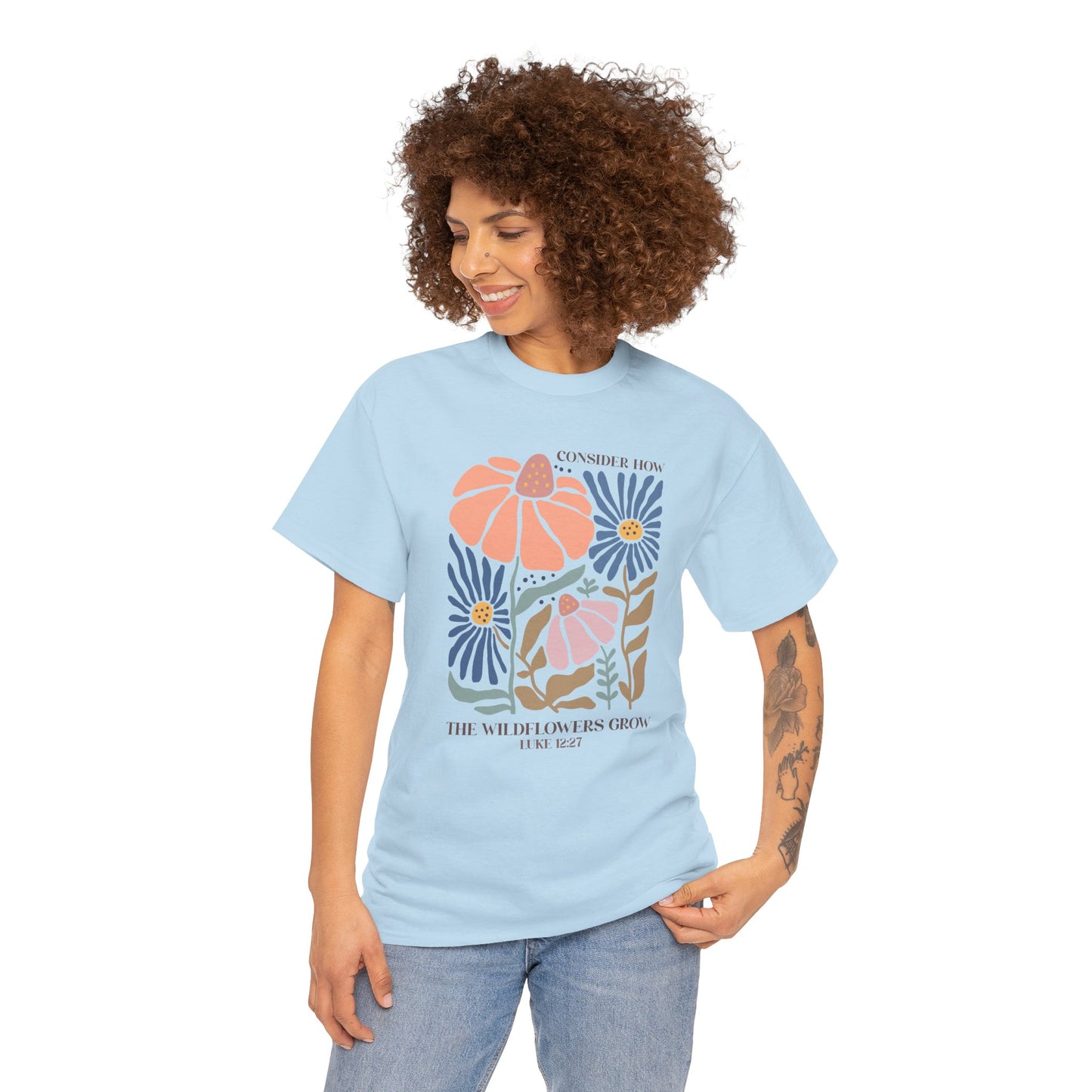 Boho Floral Luke 12:27 T-shirt Myfiercespirit Woman Model 1 Light Blue