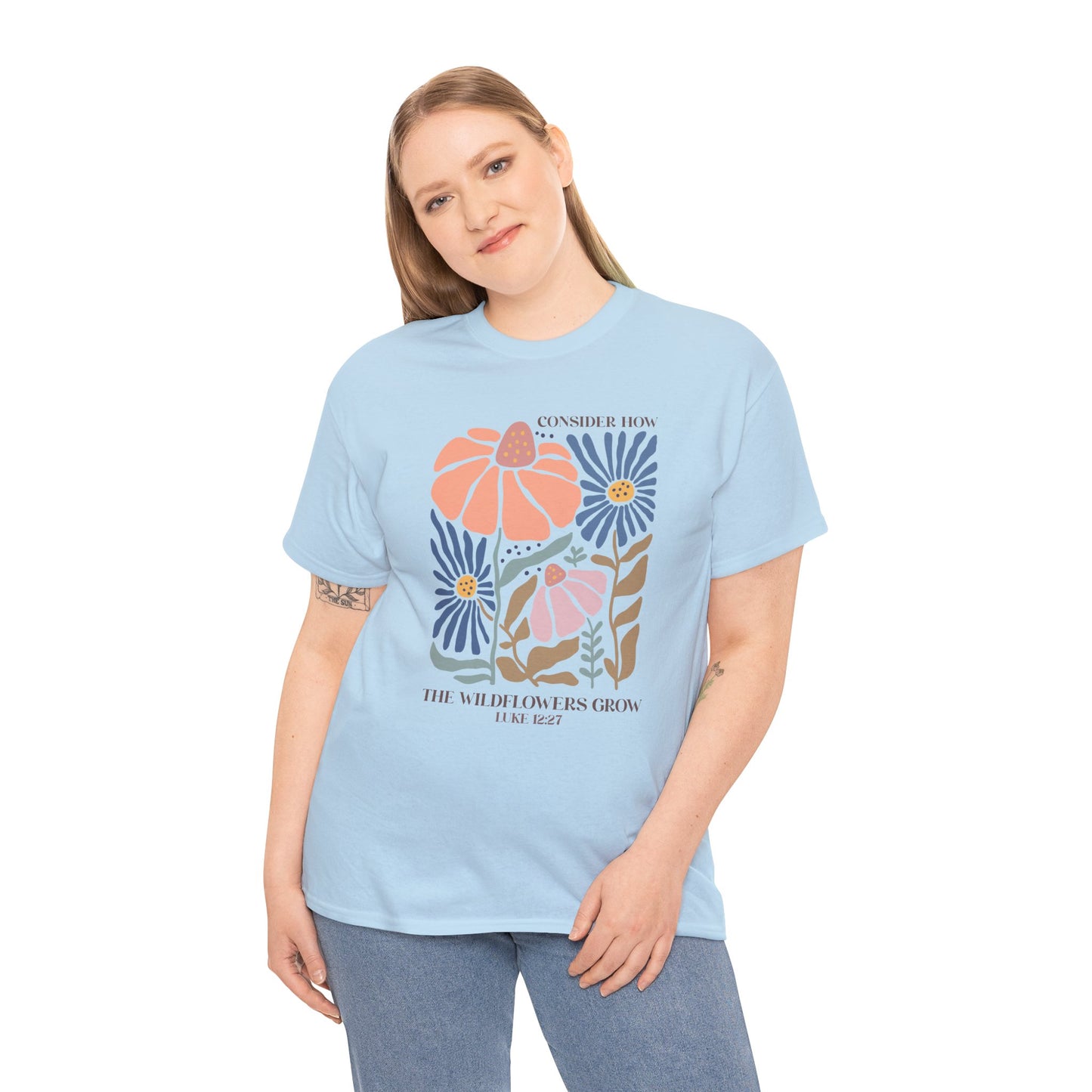 Boho Floral Luke 12:27 T-shirt Myfiercespirit Woman Model 2 Light Blue