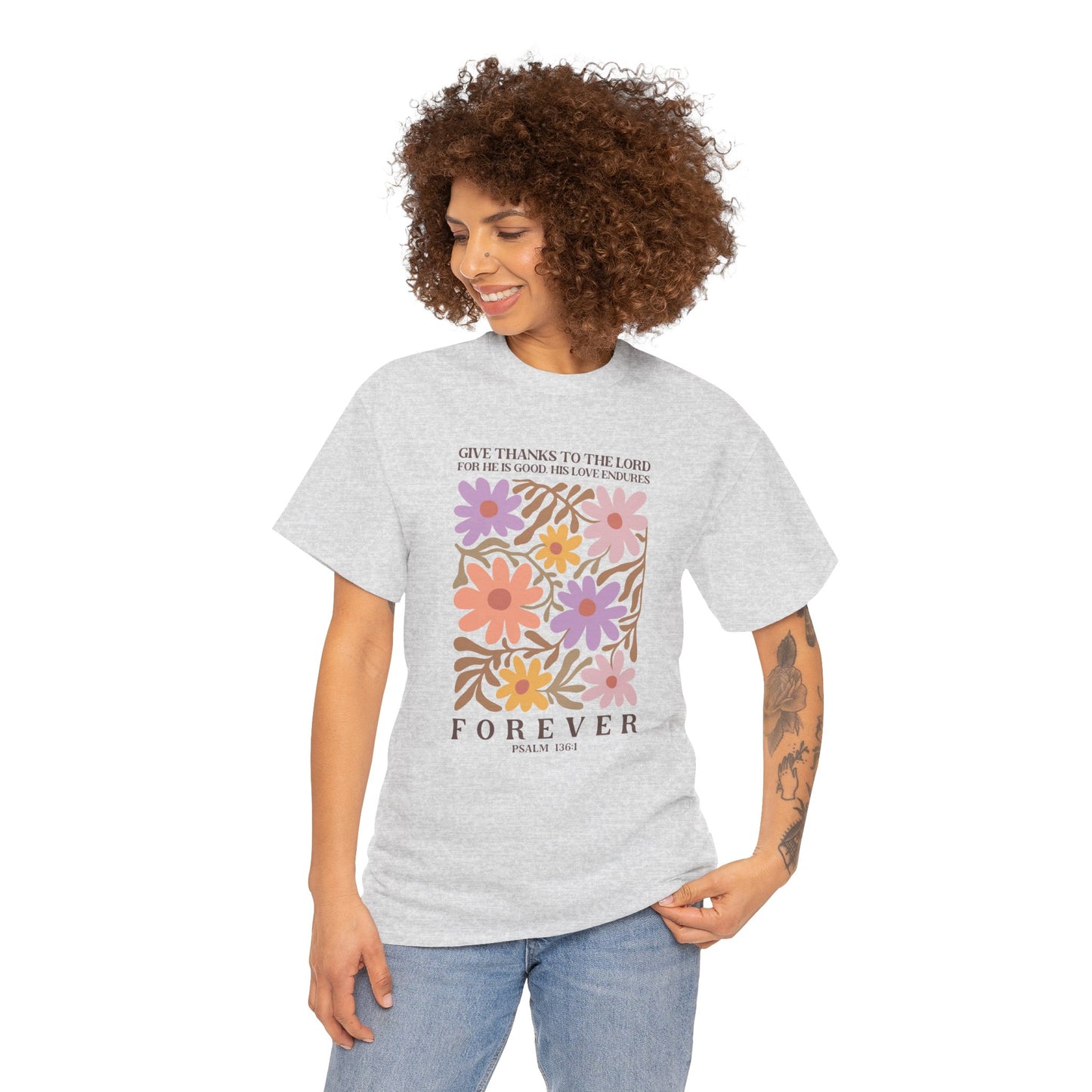 Boho Floral Psalm 136:1 T-shirt Myfiercespirit Woman Model 1 Ash