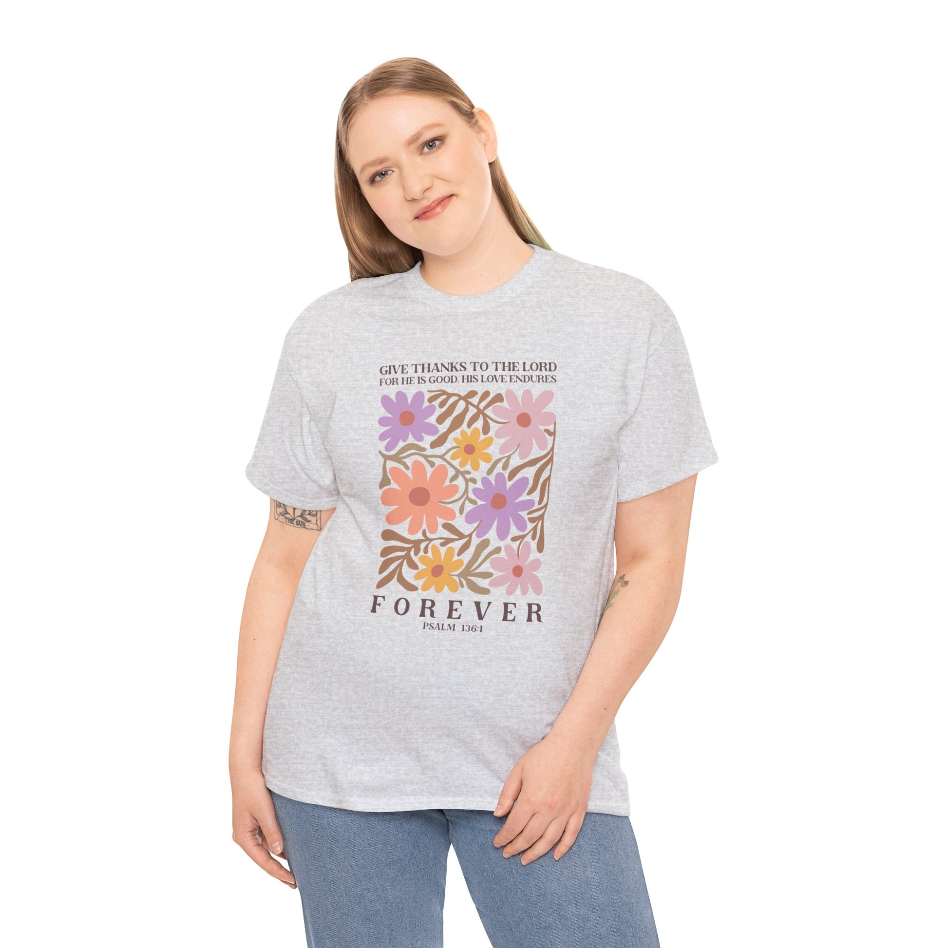 Boho Floral Psalm 136:1 T-shirt Myfiercespirit Woman Model 2 Ash 