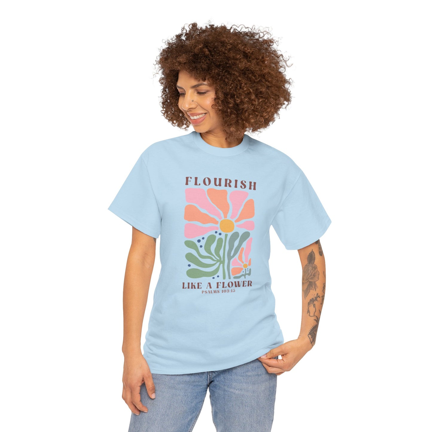 Boho Floral Psalms 103:15 T-shirt Myfiercespirit Woman Model 1 Light Blue