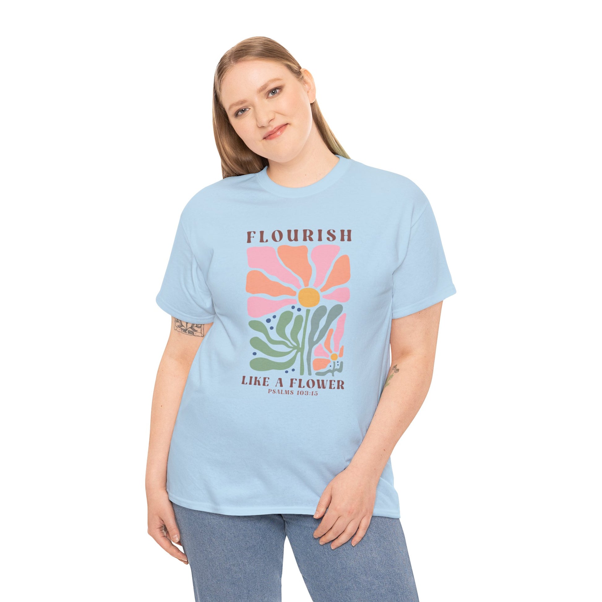 Boho Floral Psalms 103:15 T-shirt Myfiercespirit Woman Model 2 Light Blue