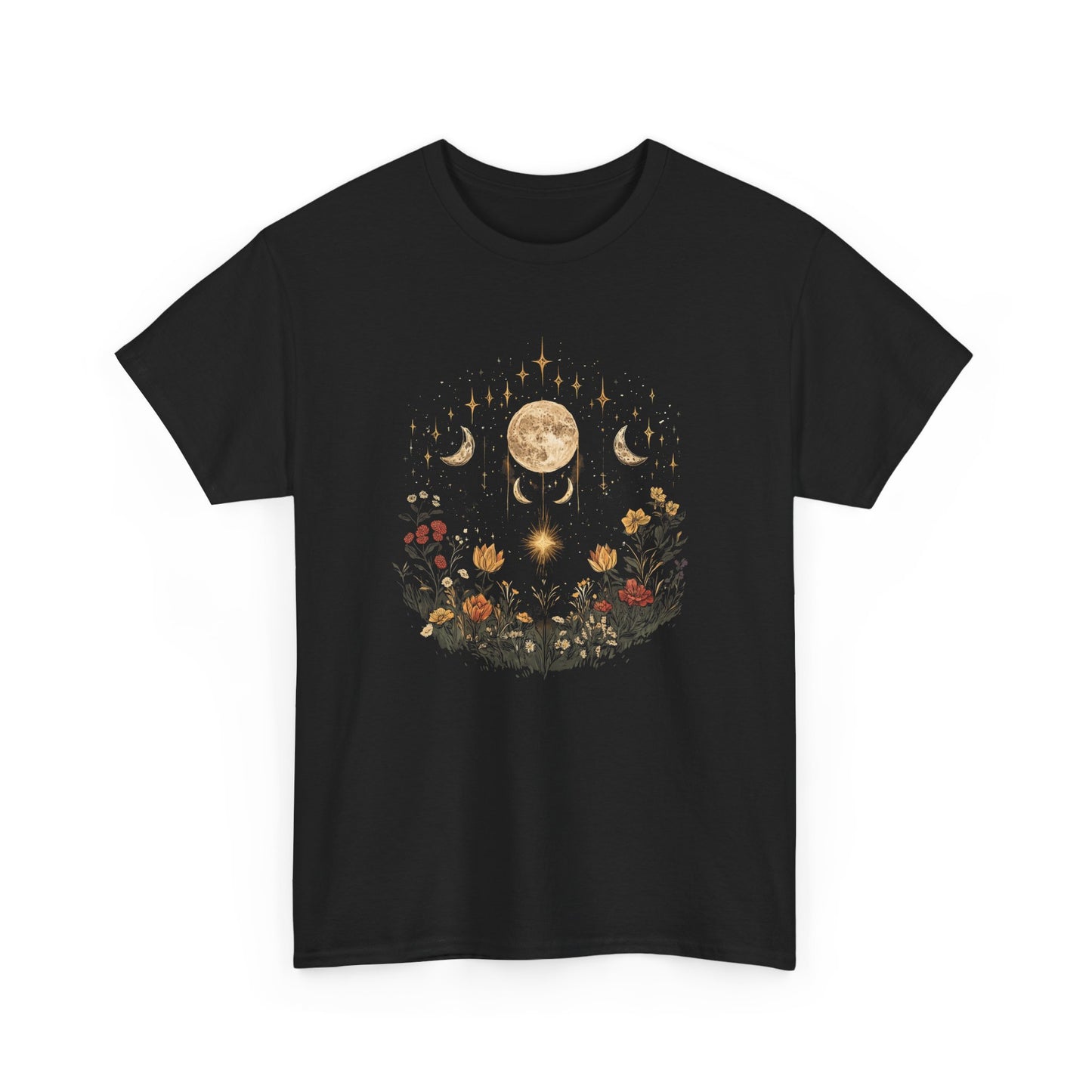 Boho Flowers Moon Vintage T-shirt Myfiercespirit Front Black