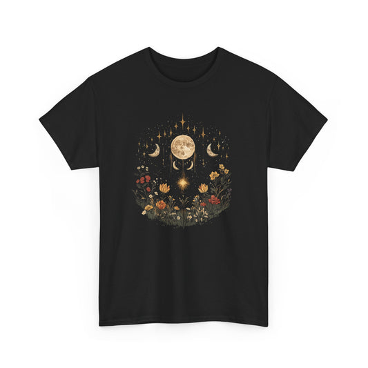 Boho Flowers Moon Vintage T-shirt Myfiercespirit Front Black