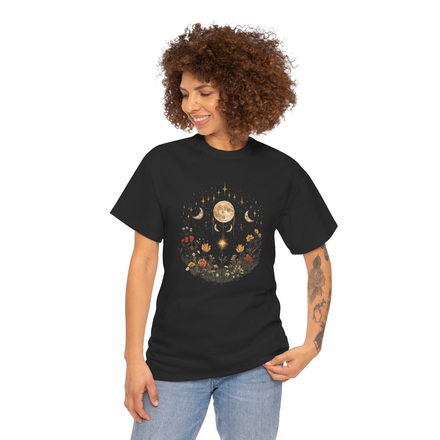 Boho Flowers Moon Vintage T-shirt Myfiercespirit Woman Model 1 Black