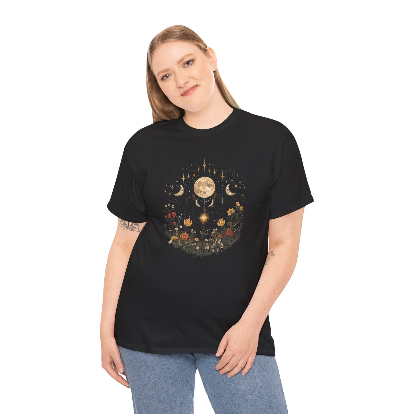 Boho Flowers Moon Vintage T-shirt Myfiercespirit Woman Model 2 Black