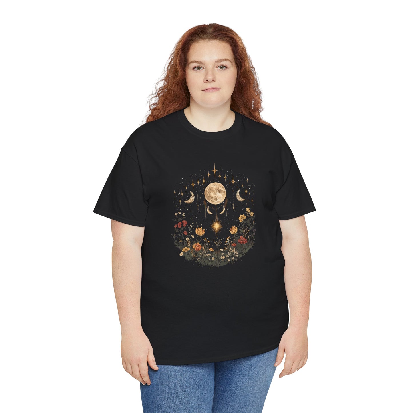 Boho Flowers Moon Vintage T-shirt Myfiercespirit Woman Model 3 Black