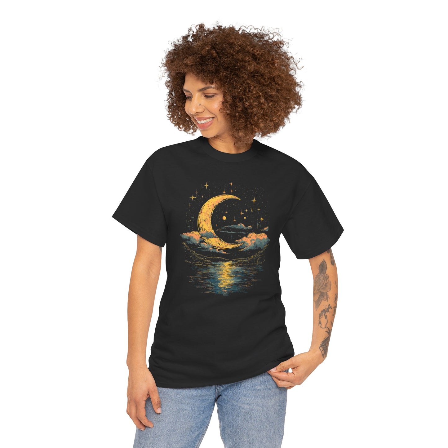 Boho Moon Reflect Sea T-shirt Myfiercespirit Woman Model 1 Black