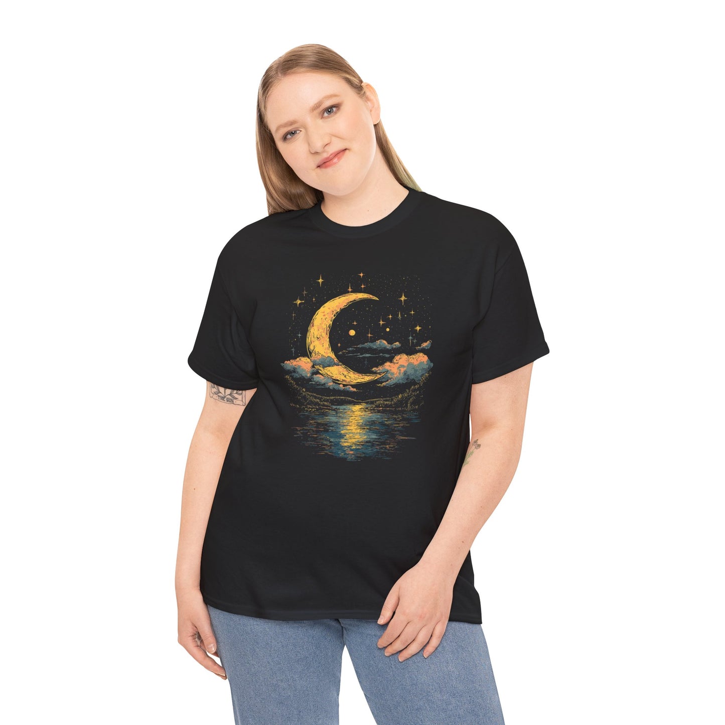 Boho Moon Reflect Sea T-shirt Myfiercespirit Woman Model 2 Black