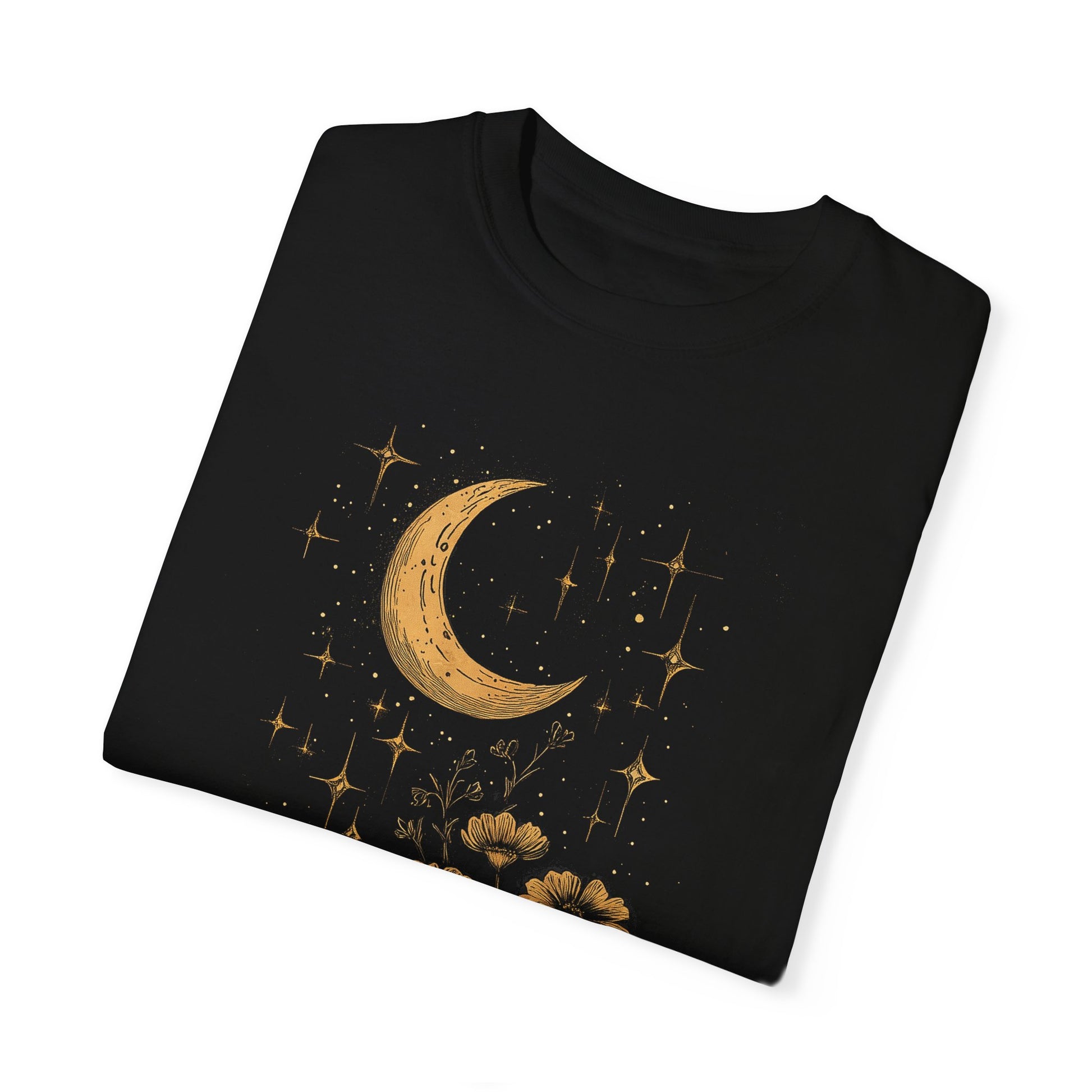 Celestial Boho Floral Moon Oversized Sleep Tee Myfiercespirit Folded Front Black