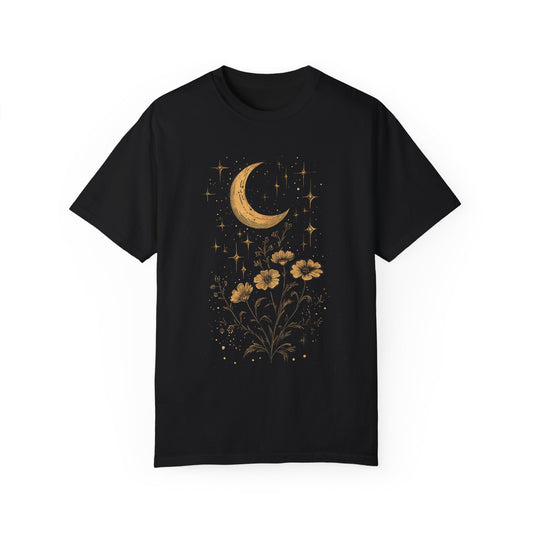 Celestial Boho Floral Moon Oversized Sleep Tee Myfiercespirit Front Black