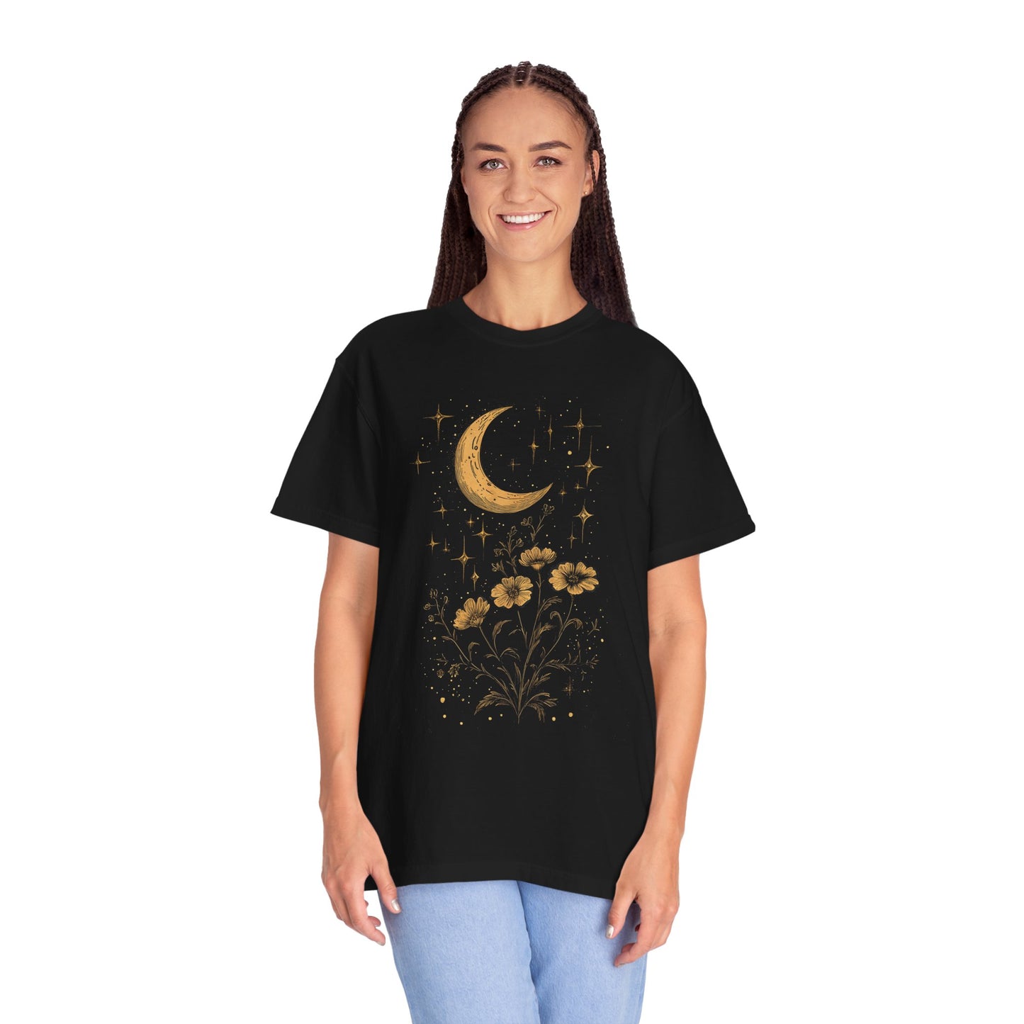 Celestial Boho Floral Moon Oversized Sleep Tee Myfiercespirit Woman Model Black