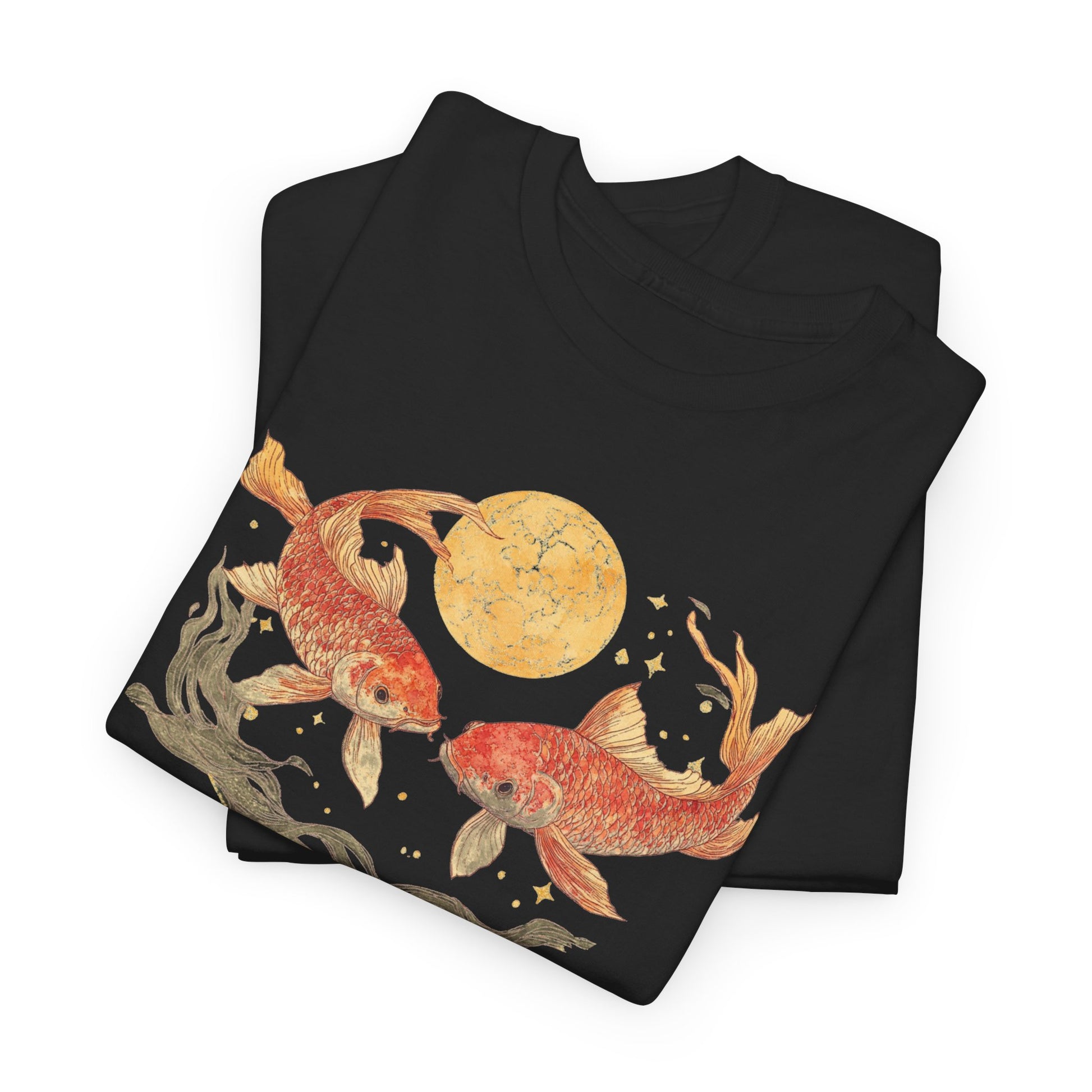 Celestial Japanese Koi Fish Vintage T-shirt Myfiercespirit Folded Front Black