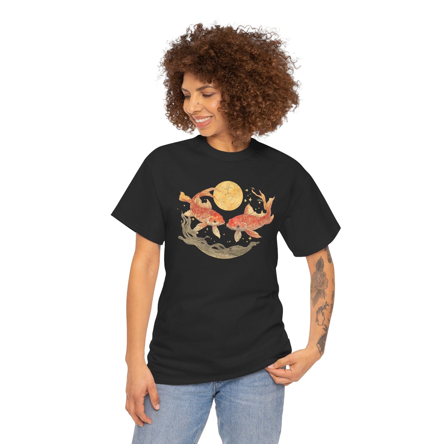 Celestial Japanese Koi Fish Vintage T-shirt Myfiercespirit Woman Model 1 Black