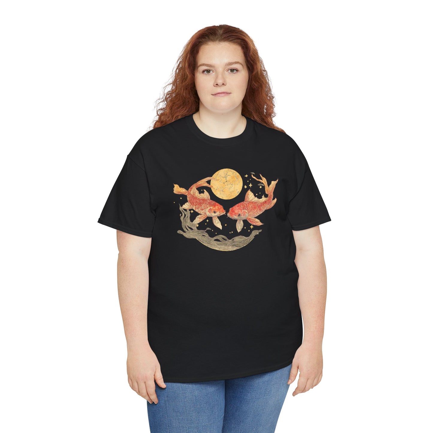 Celestial Japanese Koi Fish Vintage T-shirt Myfiercespirit Woman Model 3 Black