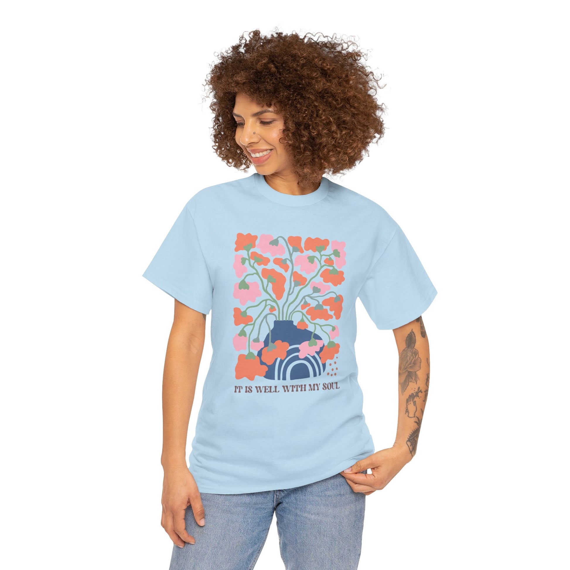 Christian Boho Floral T-shirt Myfiercespirit Woman Model 1 Light Blue