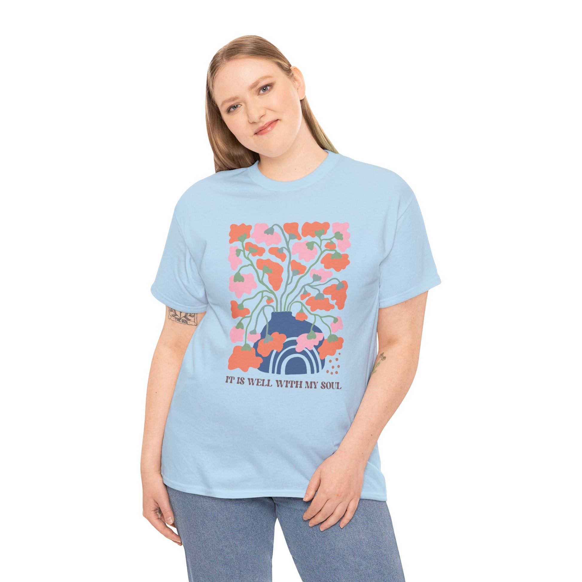 Christian Boho Floral T-shirt Myfiercespirit Woman Model 2 Light Blue