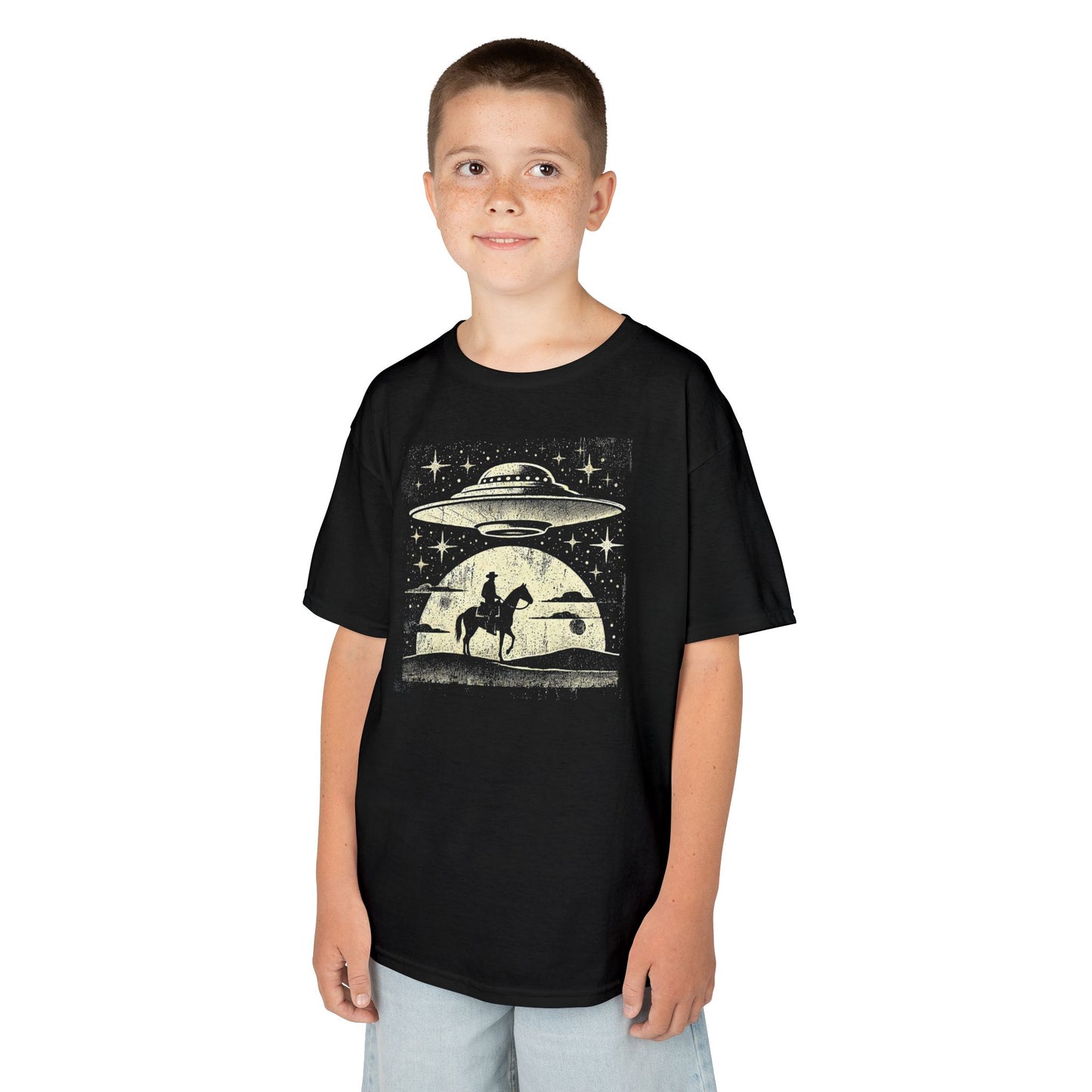 Cowboy Alien Abduction Youth T-shirt Myfiercespirit Kid Boy Model Front Black