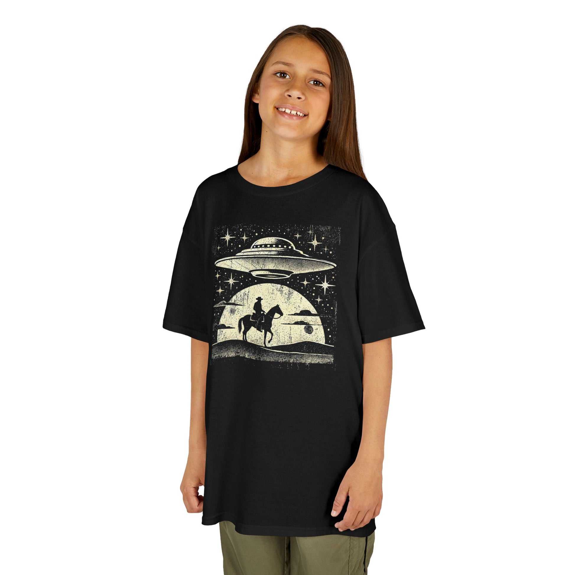 Cowboy Alien Abduction Youth T-shirt Myfiercespirit Kid Girl Model Front Black