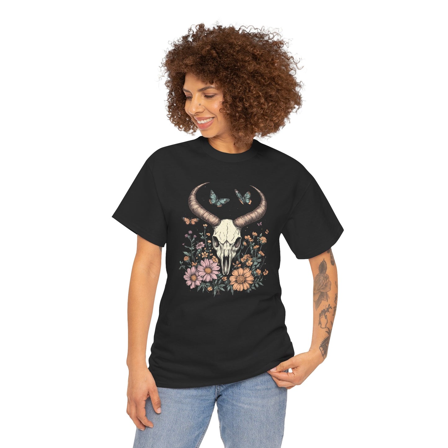 Floral Buffalo Skull Western Shirts for Women Myfiercespirit Woman Model 1 Black