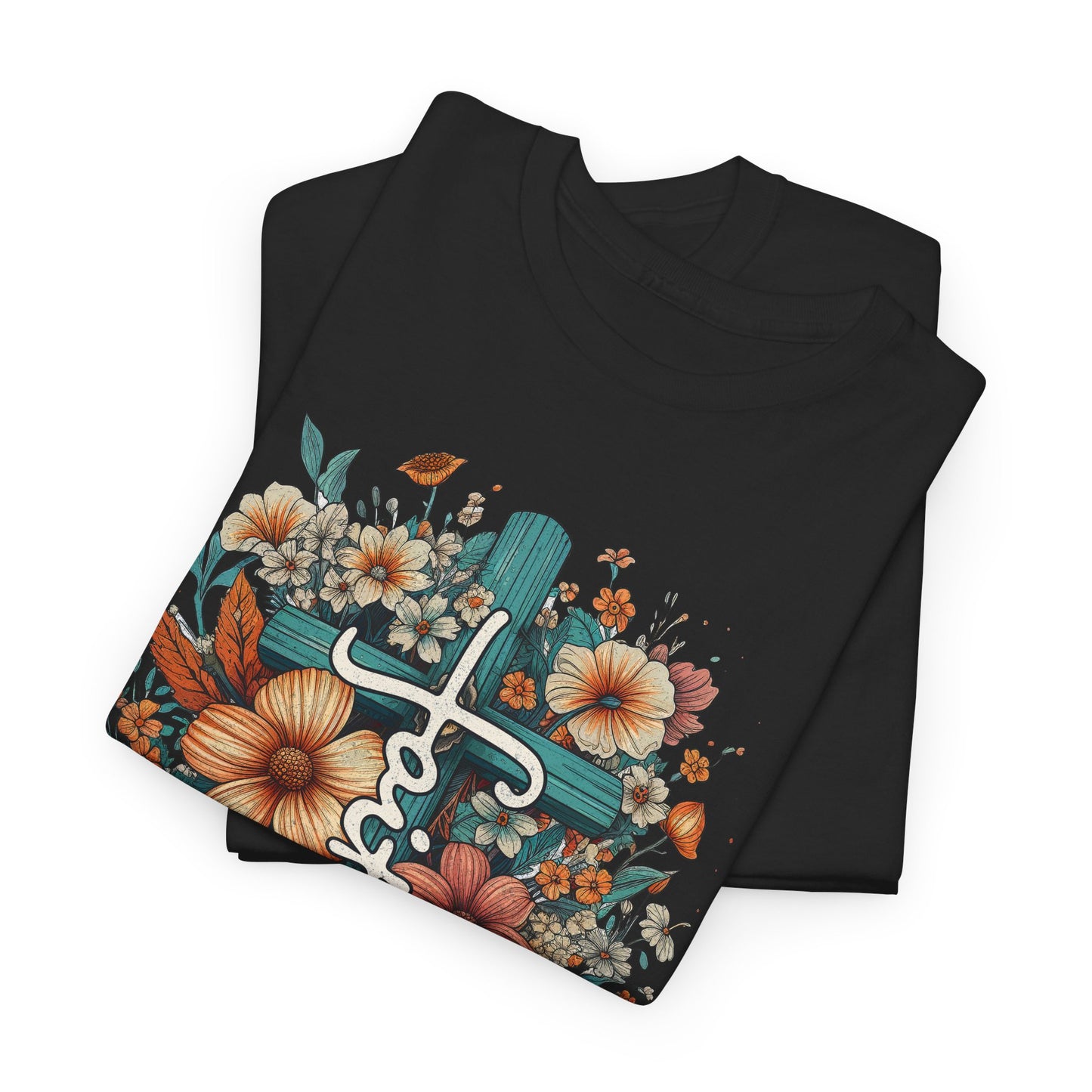 Floral Faith Cross T-shirt Myfiercespirit Folded Front Black