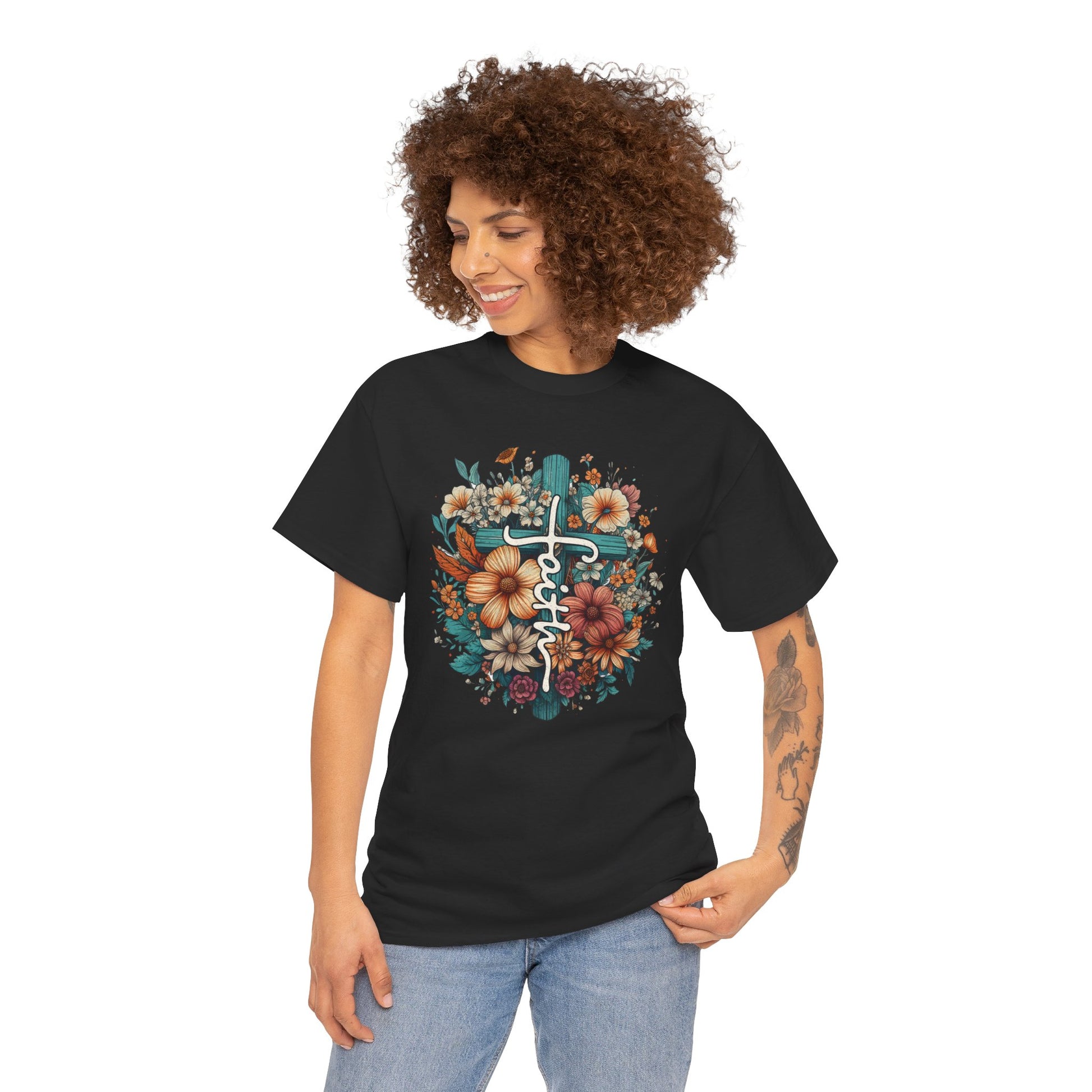 Floral Faith Cross T-shirt Myfiercespirit Woman Model 1 Black