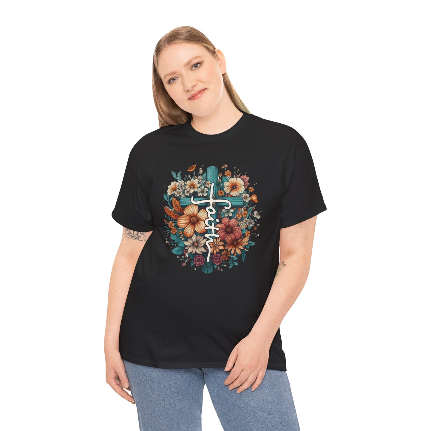 Floral Faith Cross T-shirt Myfiercespirit Woman Model 2 Black