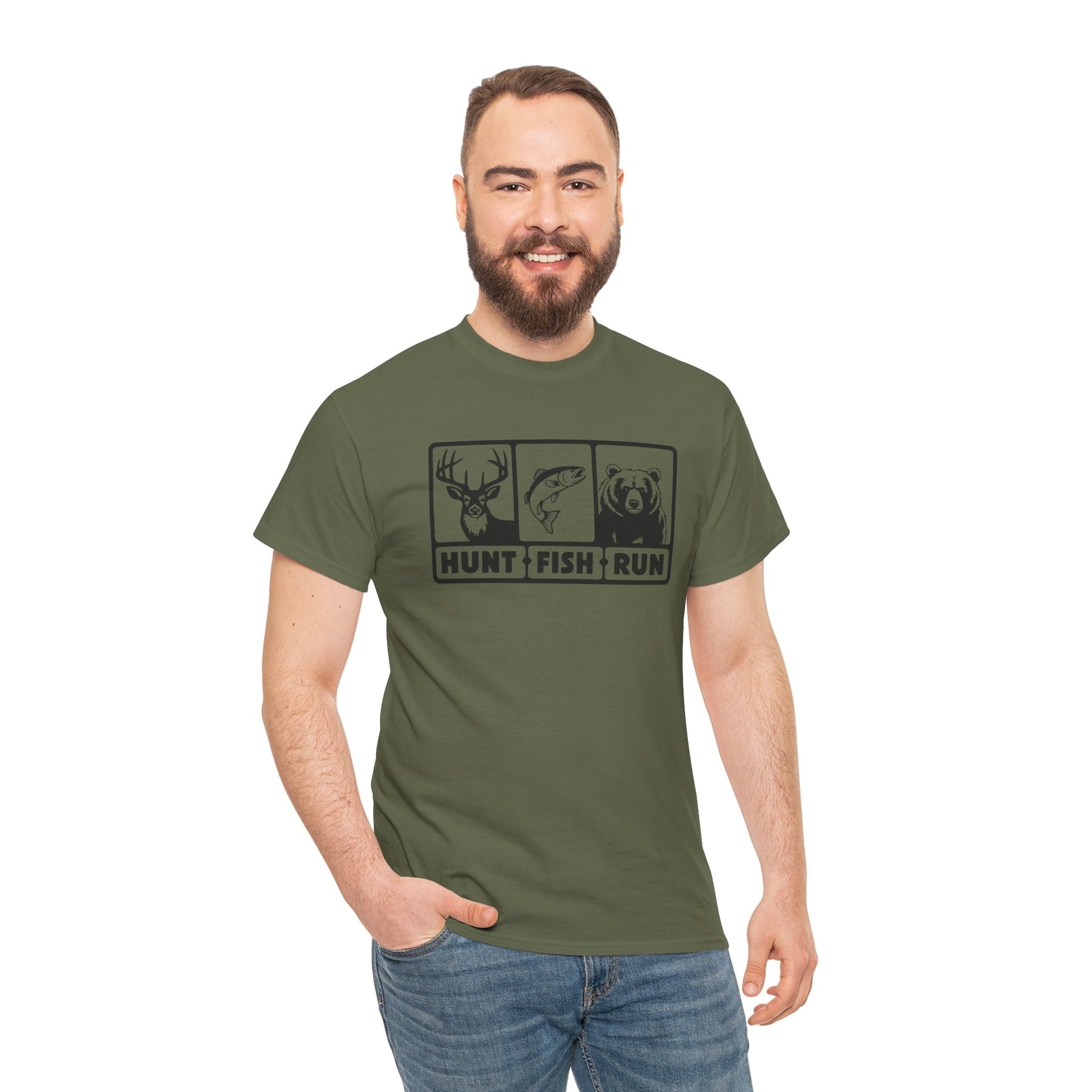 Funny Hunt Fish Run T-shirt Myfiercespirit Man Model 1 Front Military Green