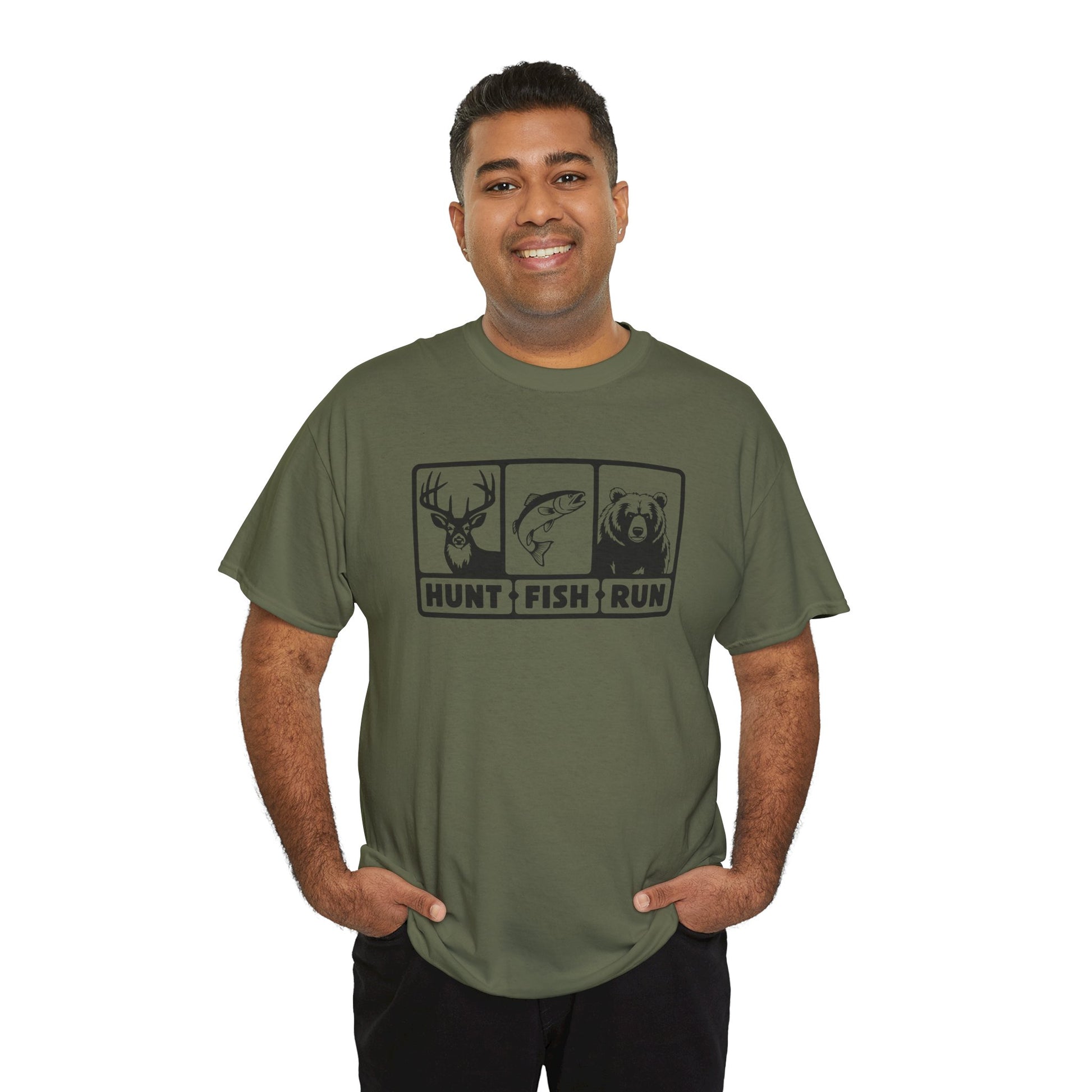 Funny Hunt Fish Run T-shirt Myfiercespirit Man Model 2 Front Military Green