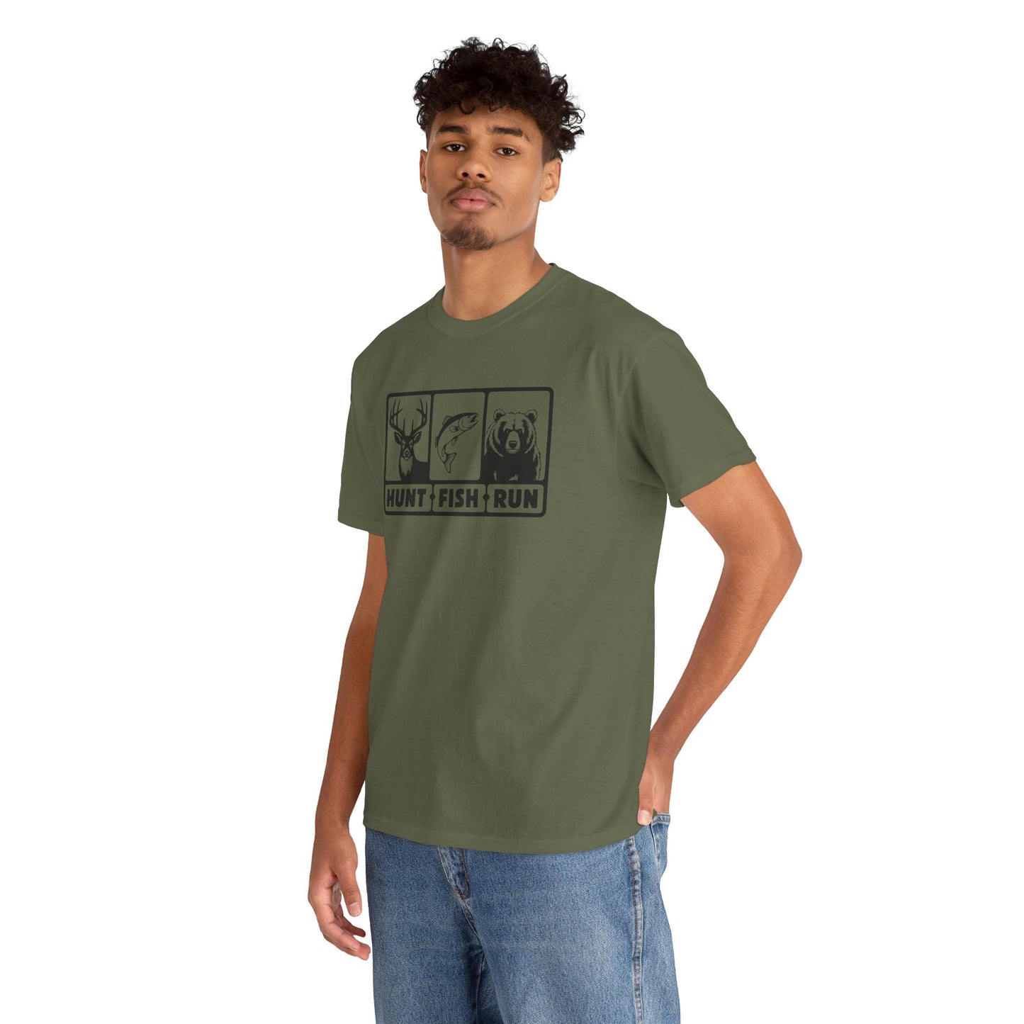 Funny Hunt Fish Run T-shirt Myfiercespirit Man Model 3 Front Military Green