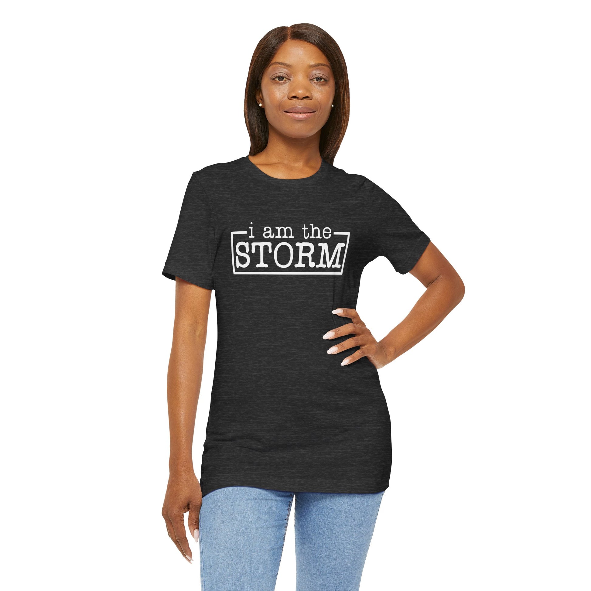 I Am The Storm Warrior T-shirt Myfiercespirit Woman Model 2 Front Dark Grey Heather