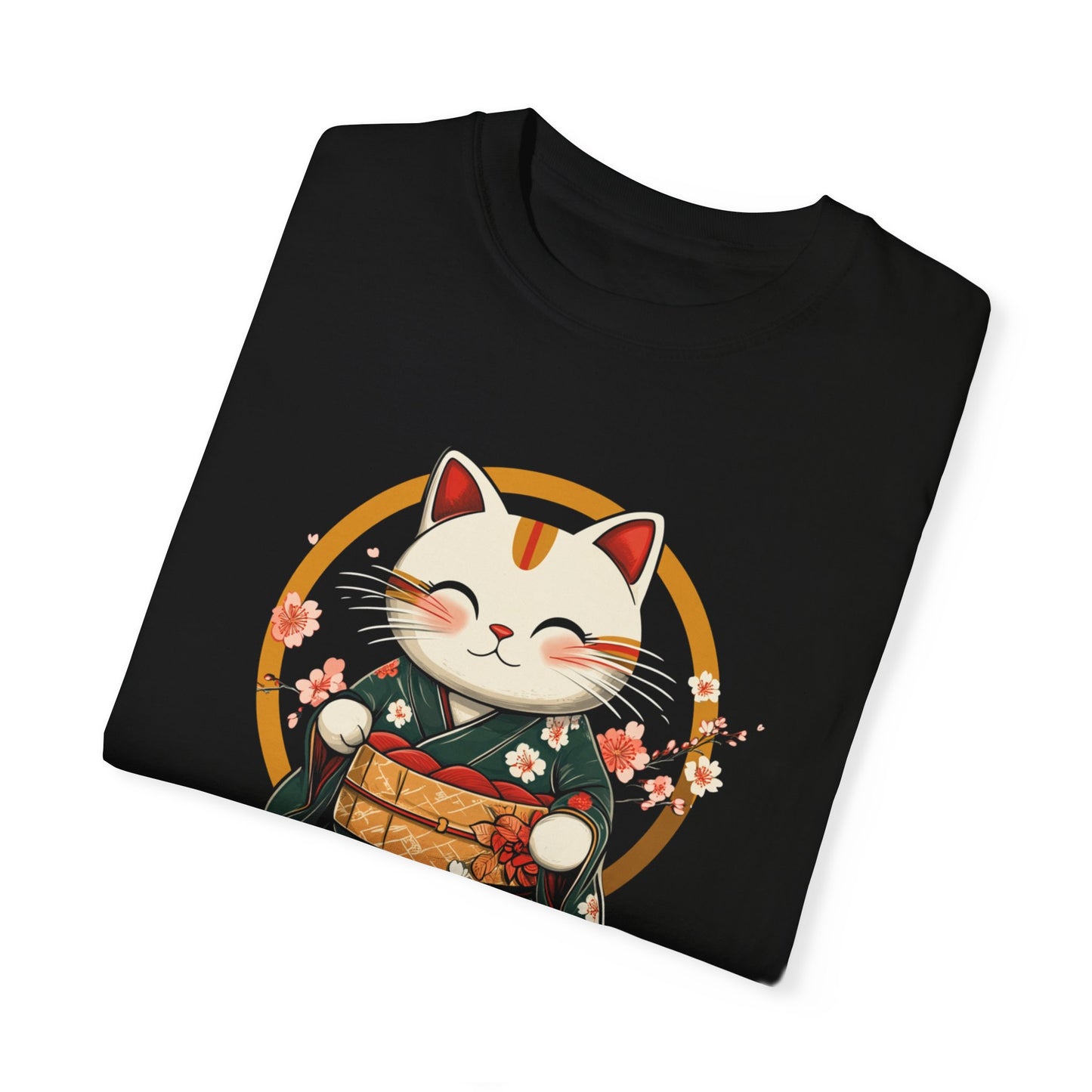 Japanese Lucky Cat Oversized Sleep Tee Folded Front Black