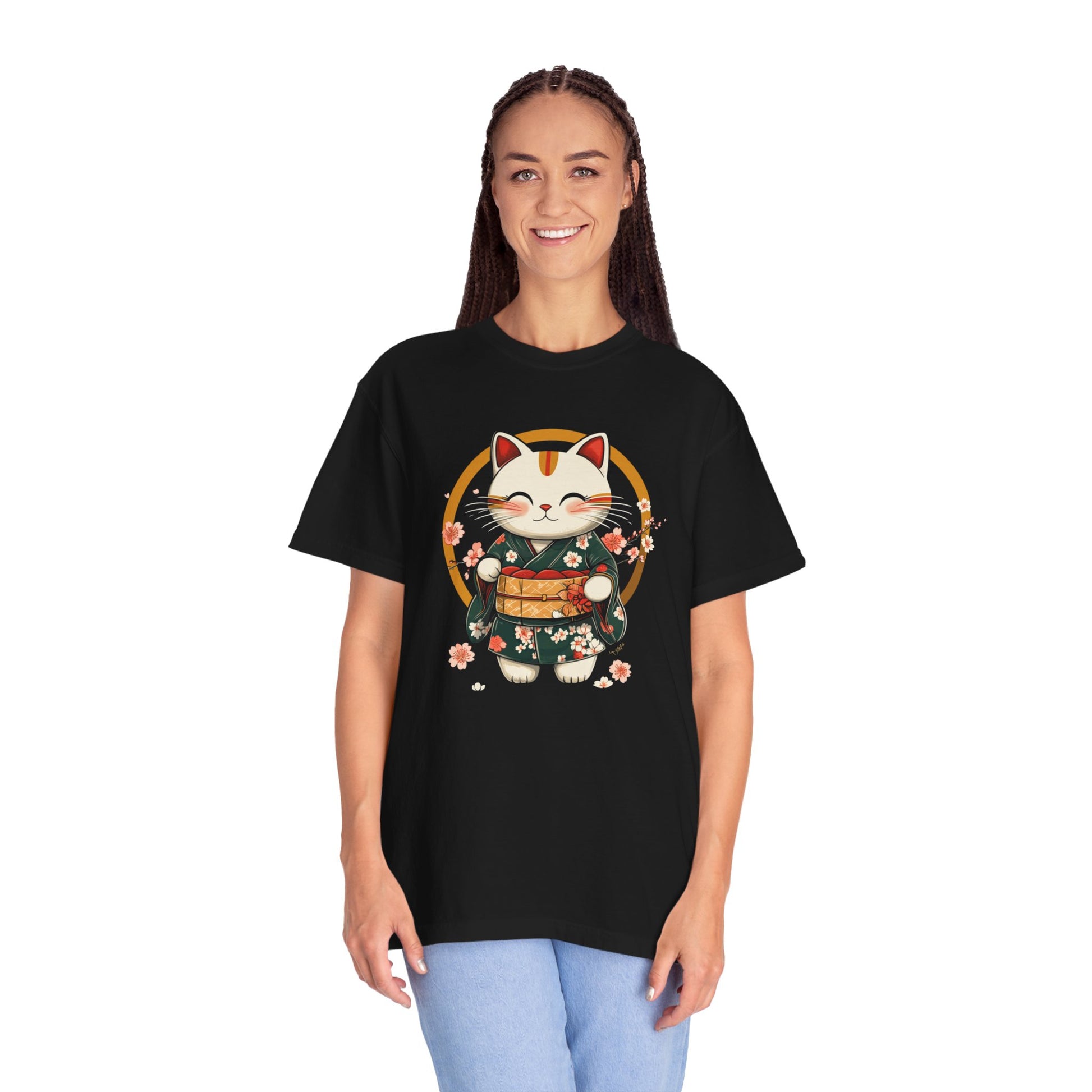 Japanese Lucky Cat Oversized Sleep Tee Woman Model Black