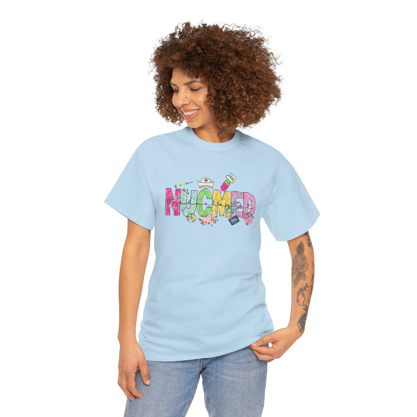 NUCMED Nuclear Nuc Medicine T-Shirt MyFierceSpirit Nurse Student Woman Model 1 Front Light Blue