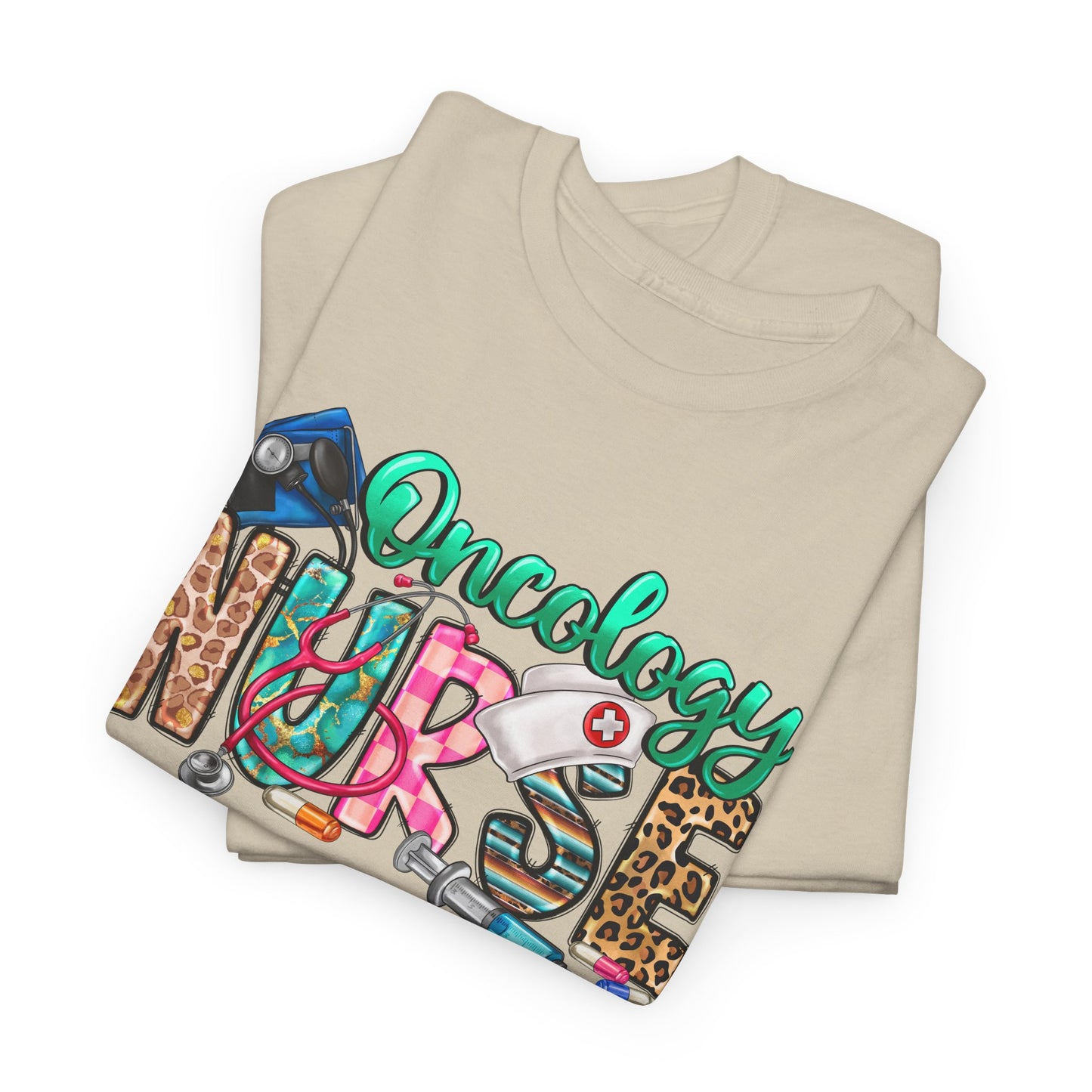 Retro Oncology Nurse T-shirt Myfiercespirit Folded Front Sand