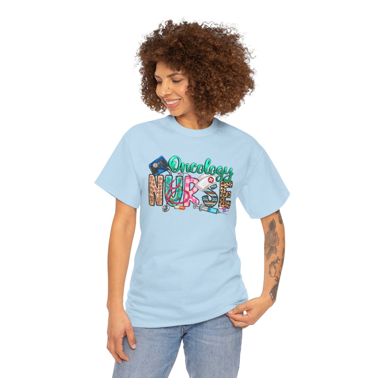 Retro Oncology Nurse T-shirt Myfiercespirit Woman Model 1 Light Blue