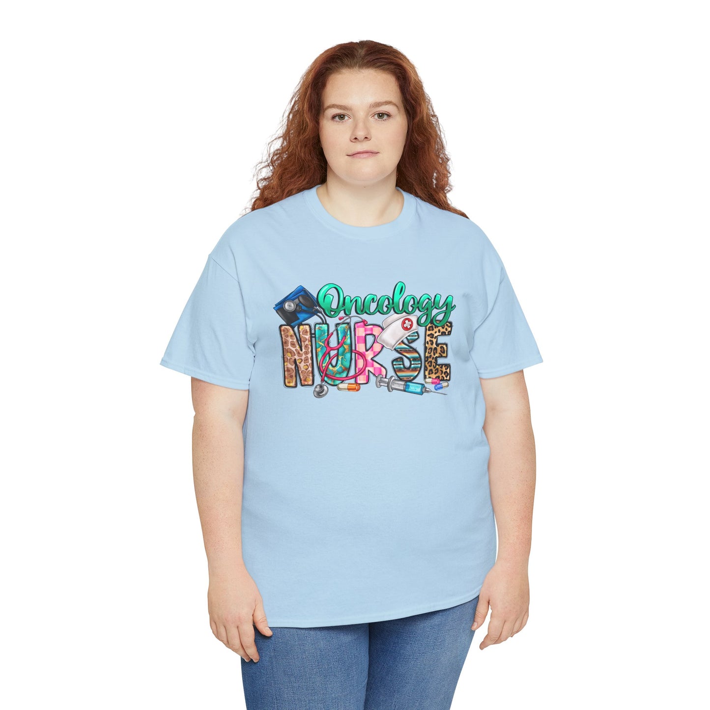 Retro Oncology Nurse T-shirt Myfiercespirit Woman Model 3 Light Blue