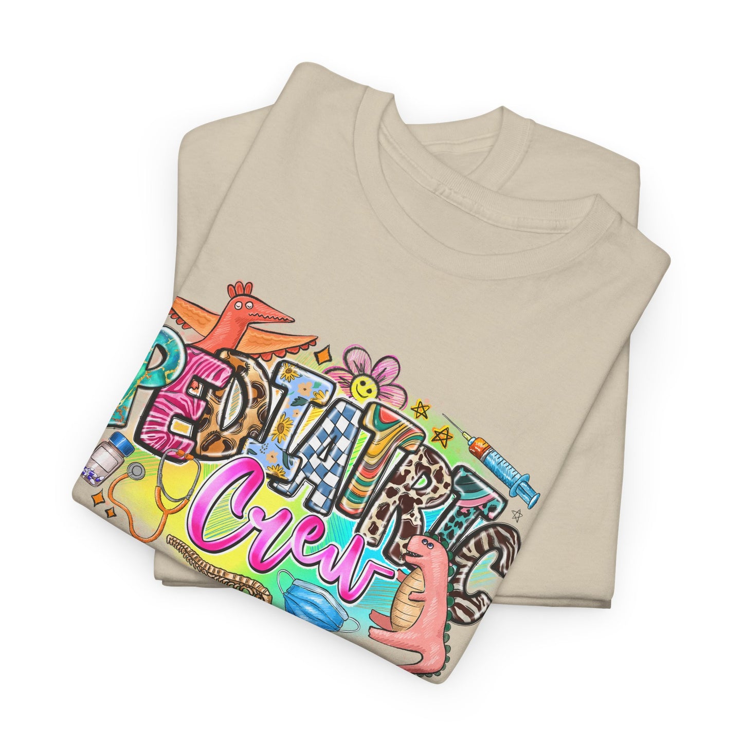 Retro Pediatric Crew T-shirt Myfiercespirit Folded Front Sand