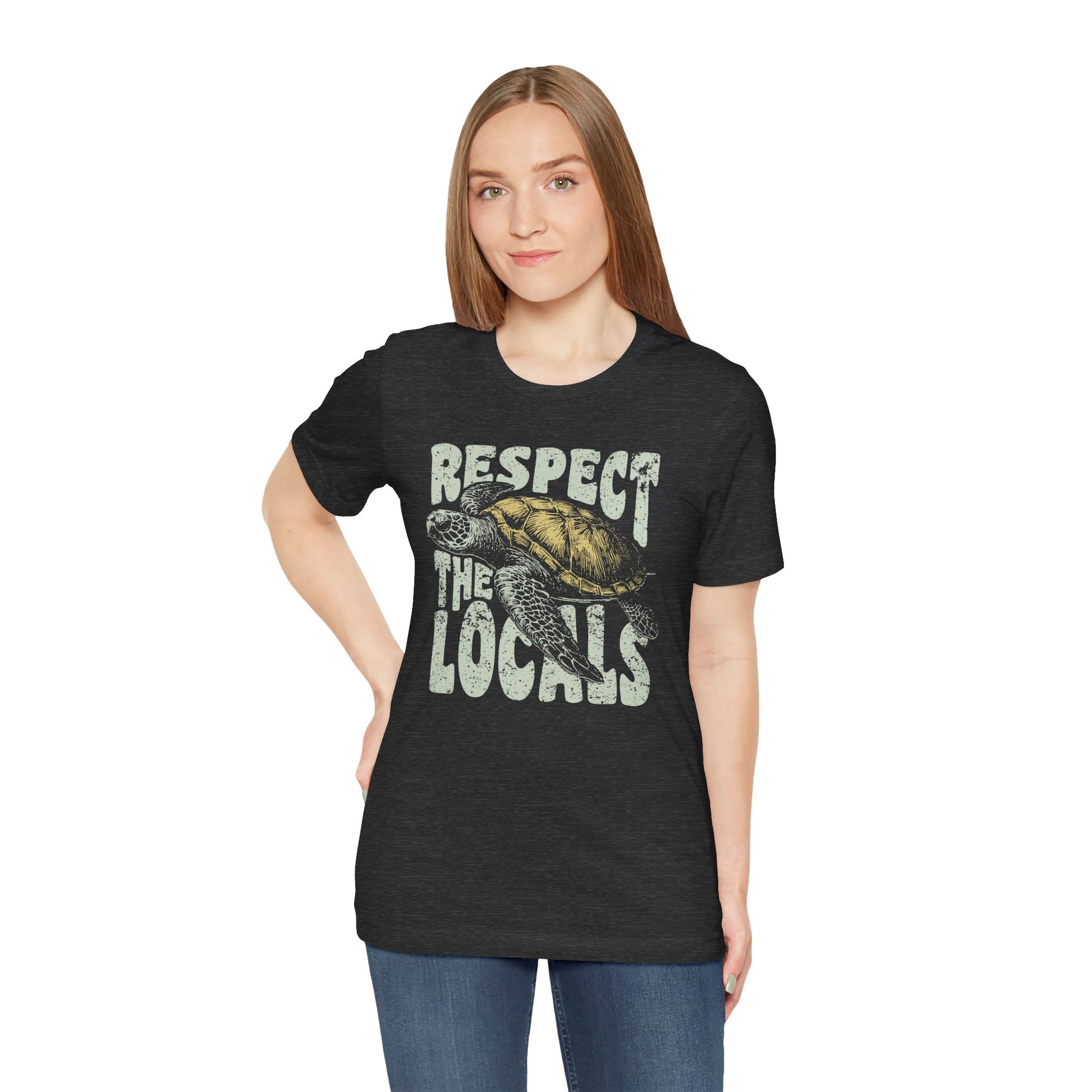 Retro Respect The Locals Sea Turtle T-shirt Myfiercespirit Woman Model 1 Front Dark Grey Heather