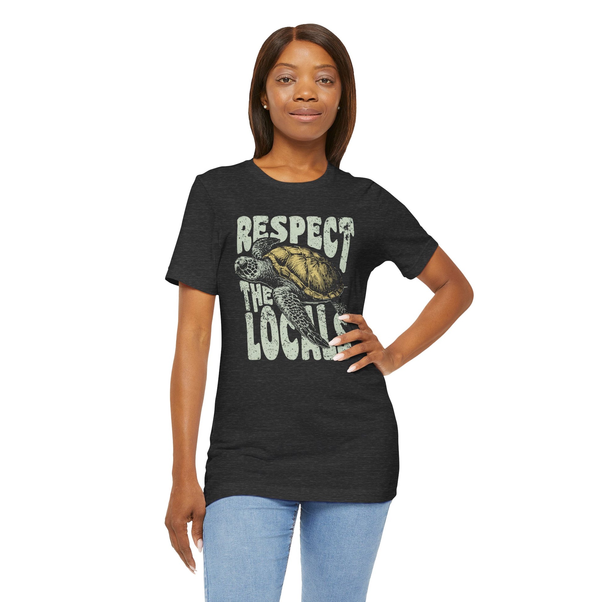 Retro Respect The Locals Sea Turtle T-shirt Myfiercespirit Woman Model 2 Front Dark Grey Heather