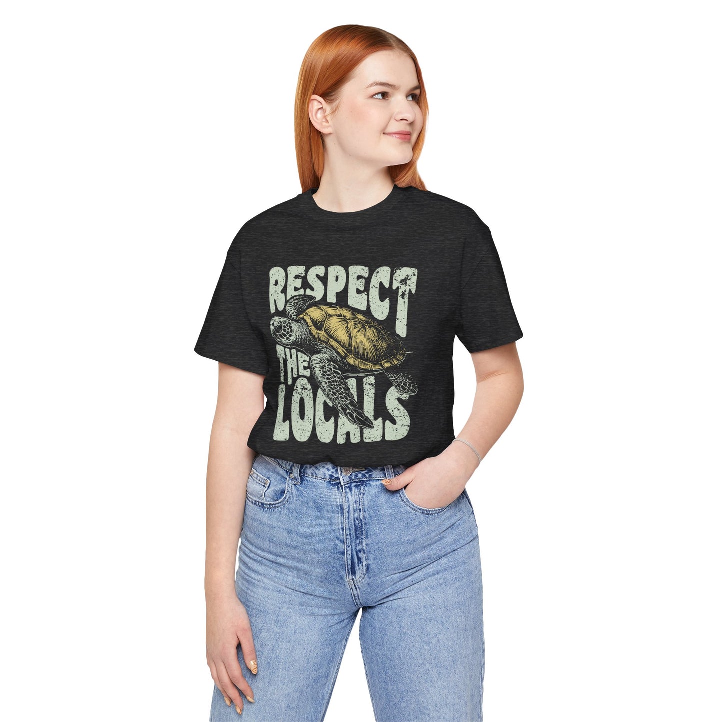 Retro Respect The Locals Sea Turtle T-shirt Myfiercespirit Woman Model 3 Front Dark Grey Heather