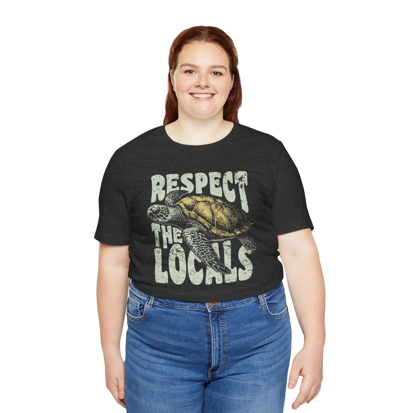 Retro Respect The Locals Sea Turtle T-shirt Myfiercespirit Woman Model 4 Front Dark Grey Heather