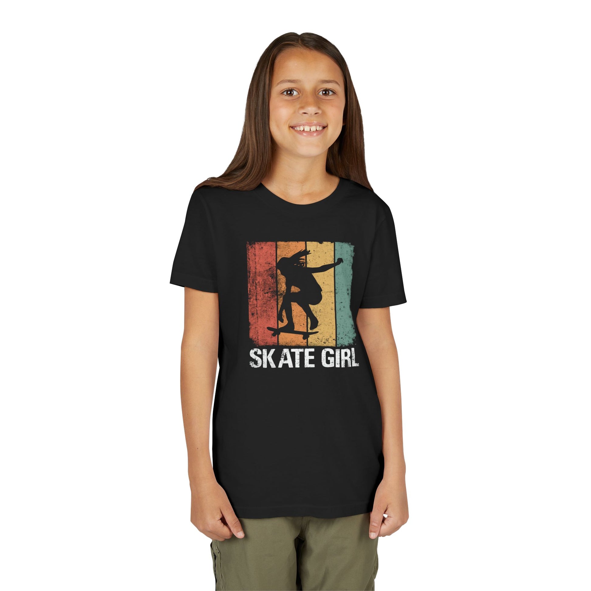 Retro Skate Girl Youth T-shirt Myfiercespirit Kid Girl Model Front Black