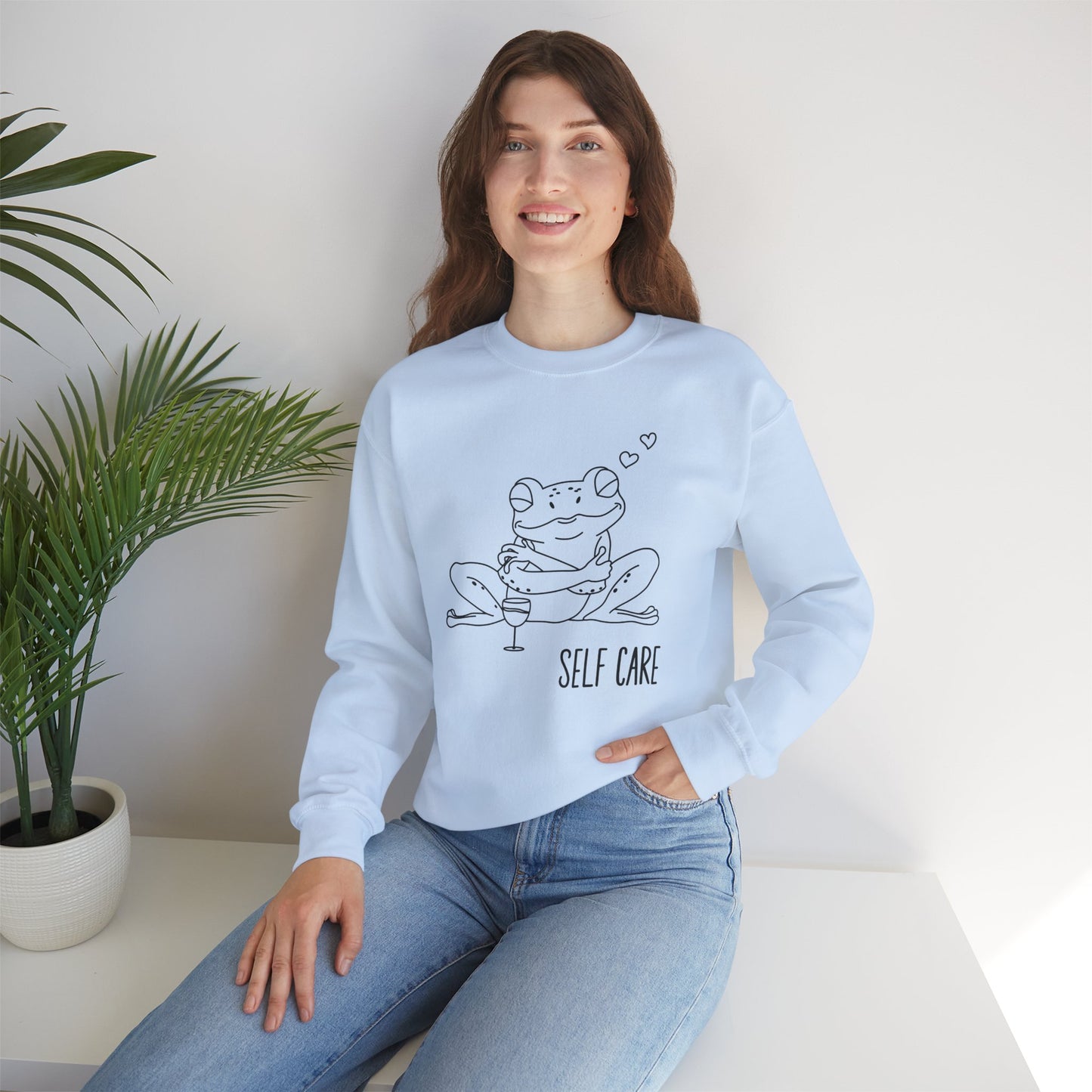 Self Care Frog Sweatshirt Myfiercespirit Woman Model Light Blue