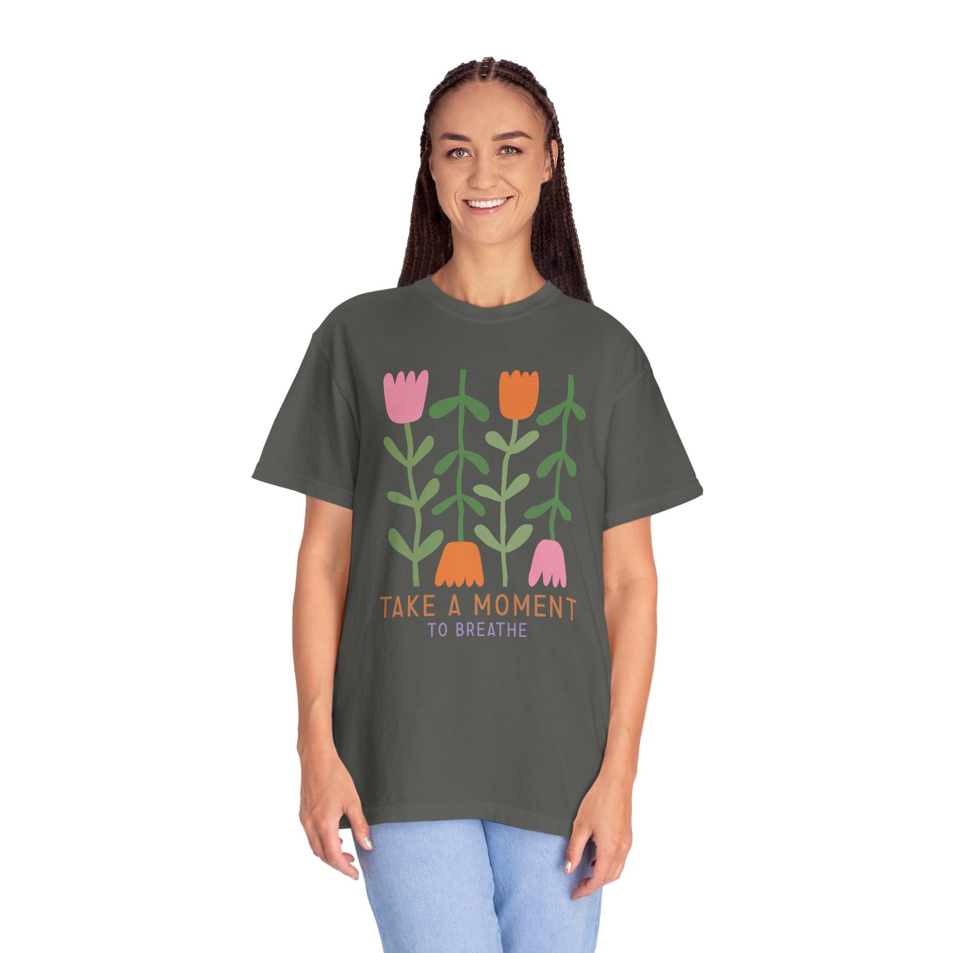 Take a Moment to Breathe Floral Oversized Sleep Tee Woman Model Pepper