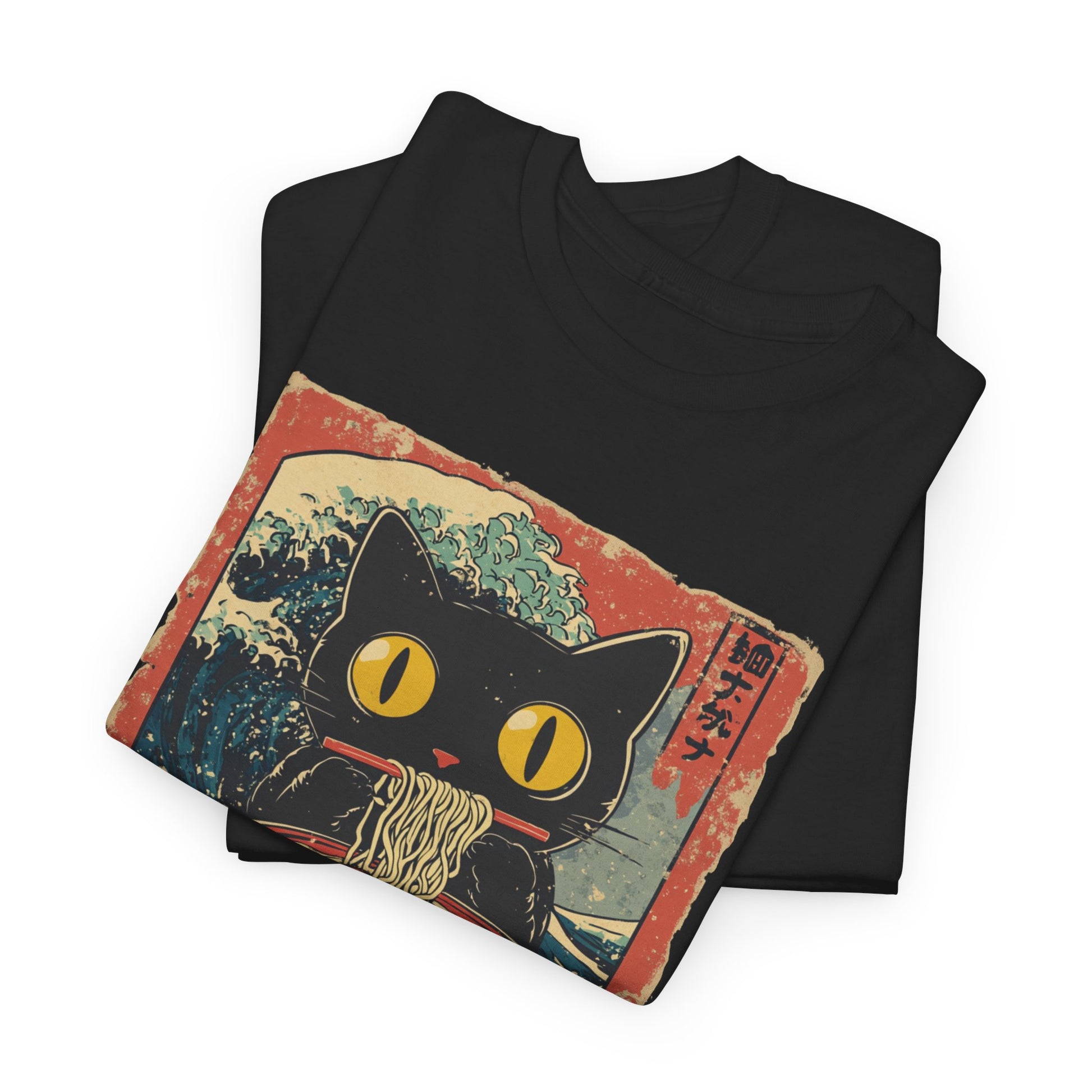 Vintage Black Cat Japanese Noodles Tsunami T-shirt Myfiercespirit Folded Front Black