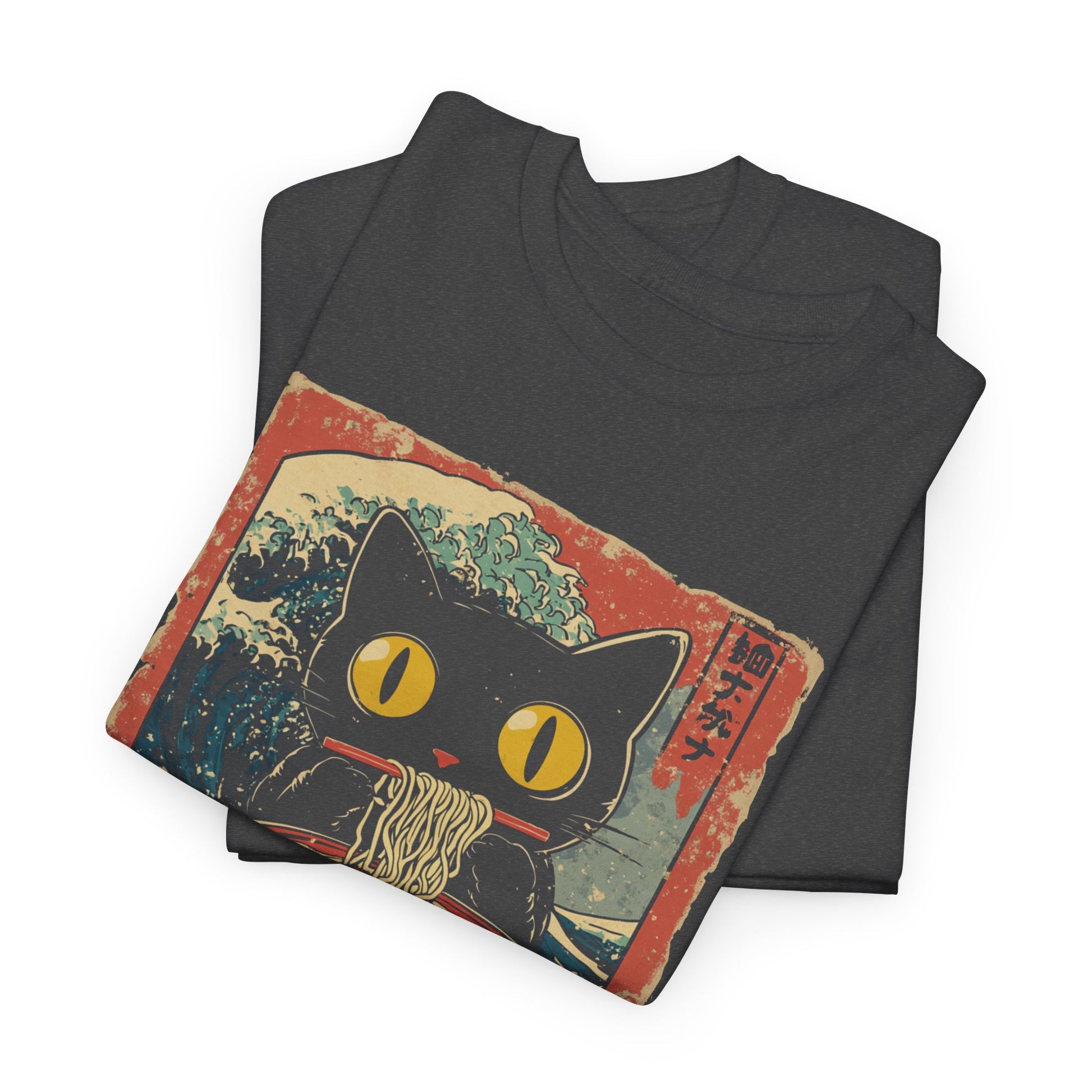 Vintage Black Cat Japanese Noodles Tsunami T-shirt Myfiercespirit Folded Front Dark Heather