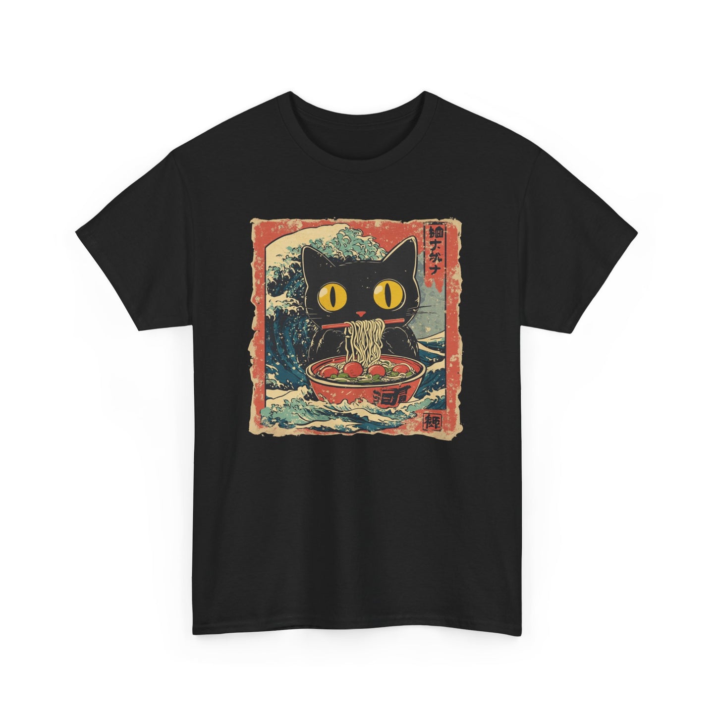 Vintage Black Cat Japanese Noodles Tsunami T-shirt Myfiercespirit Front Black 